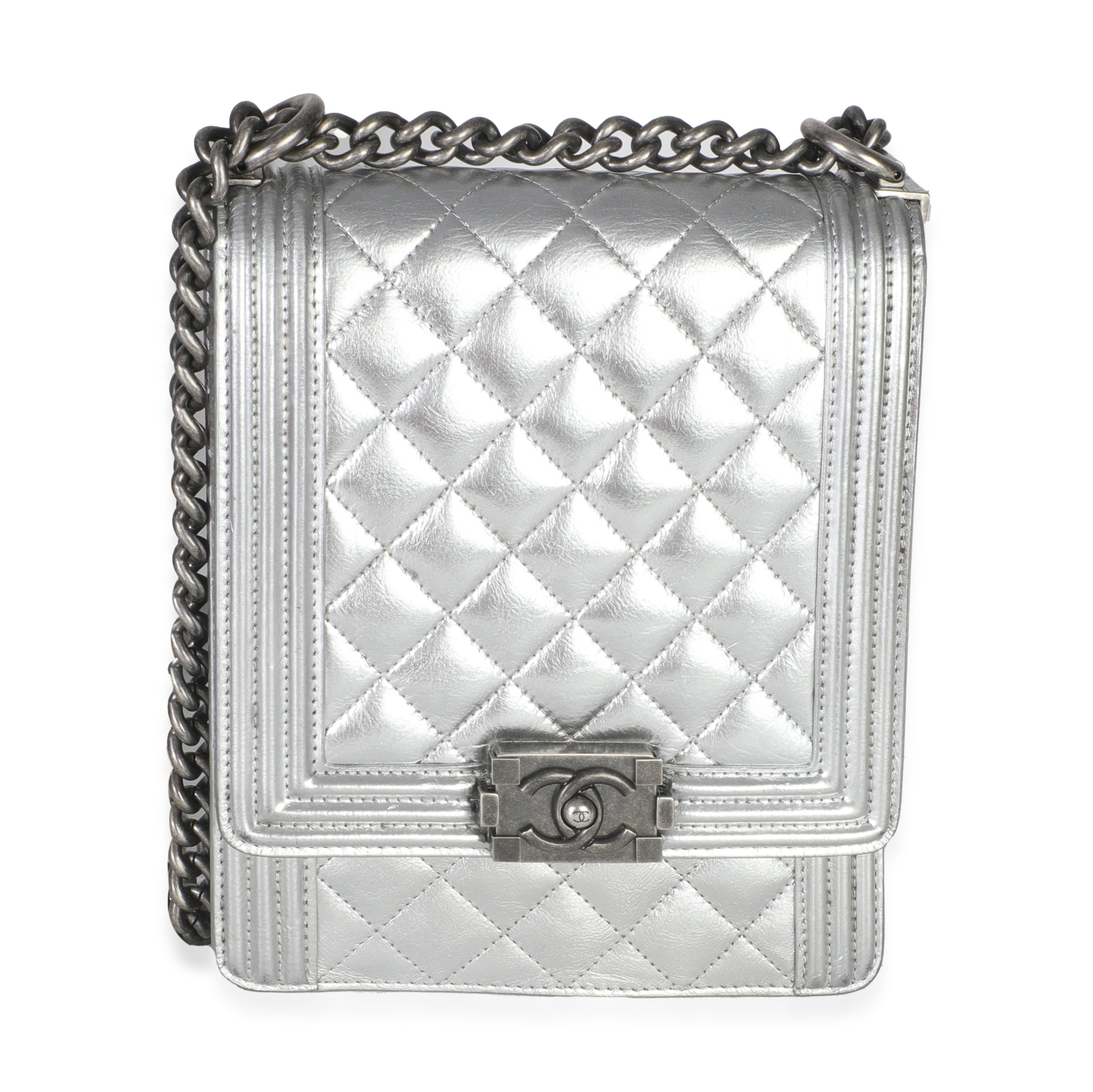Silver Quilted Crinkled Goatskin North South Boy Bag