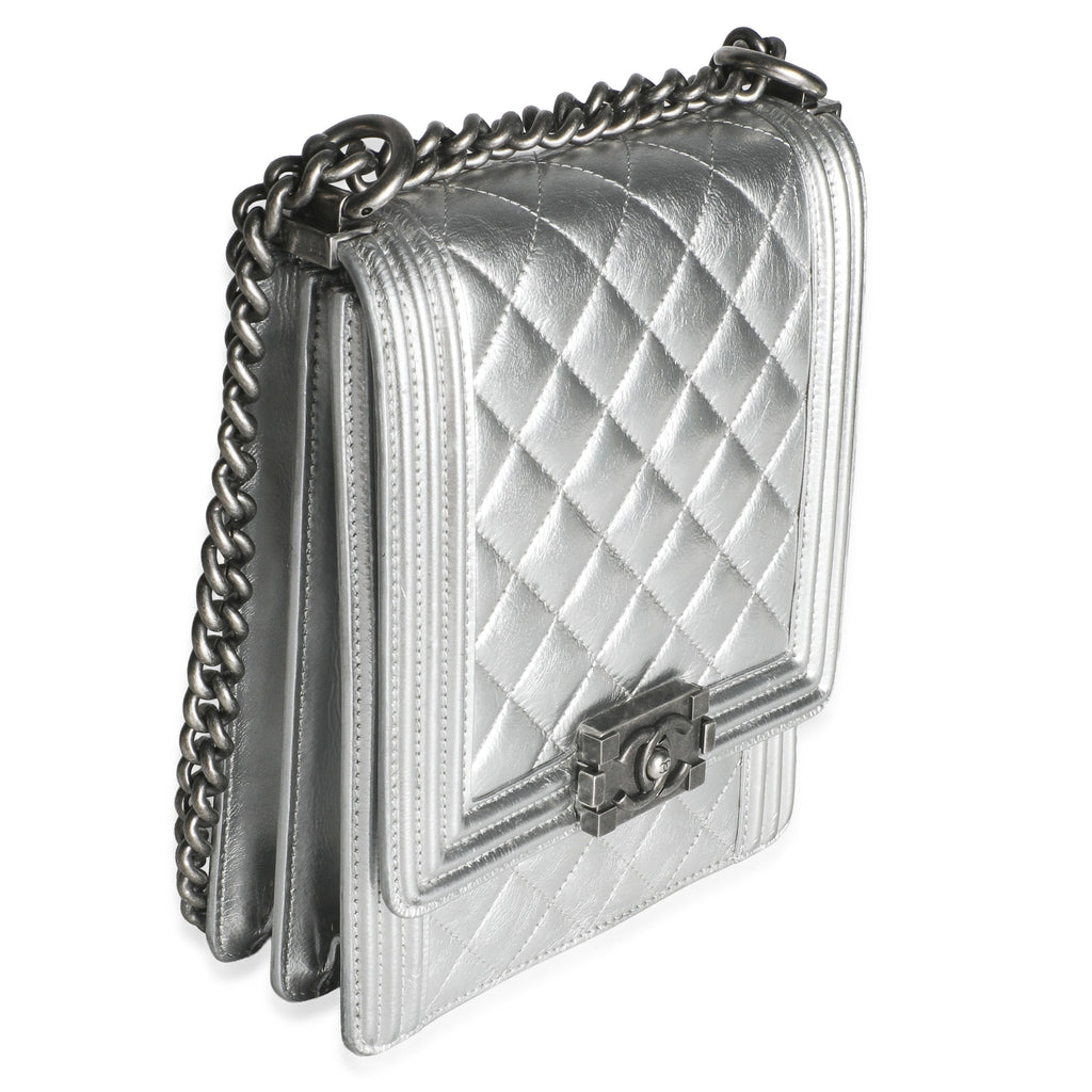 Silver Quilted Crinkled Goatskin North South Boy Bag