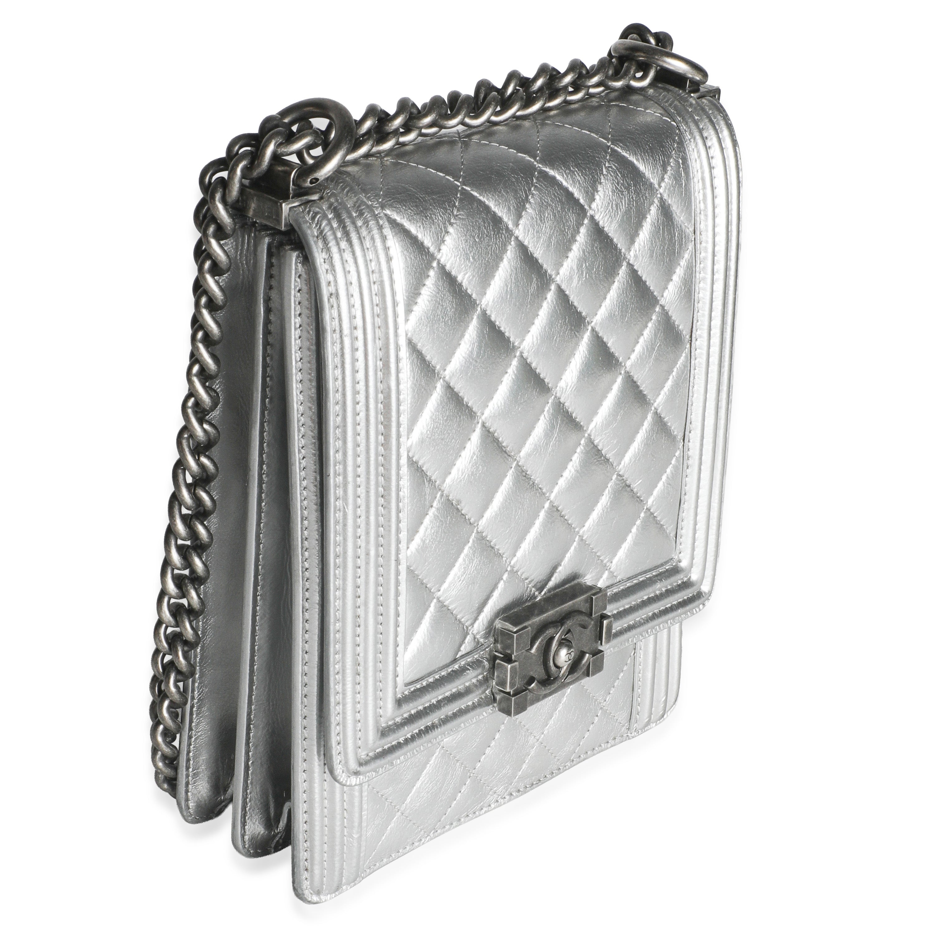Silver Quilted Crinkled Goatskin North South Boy Bag