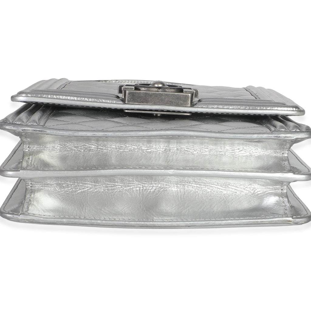 Silver Quilted Crinkled Goatskin North South Boy Bag