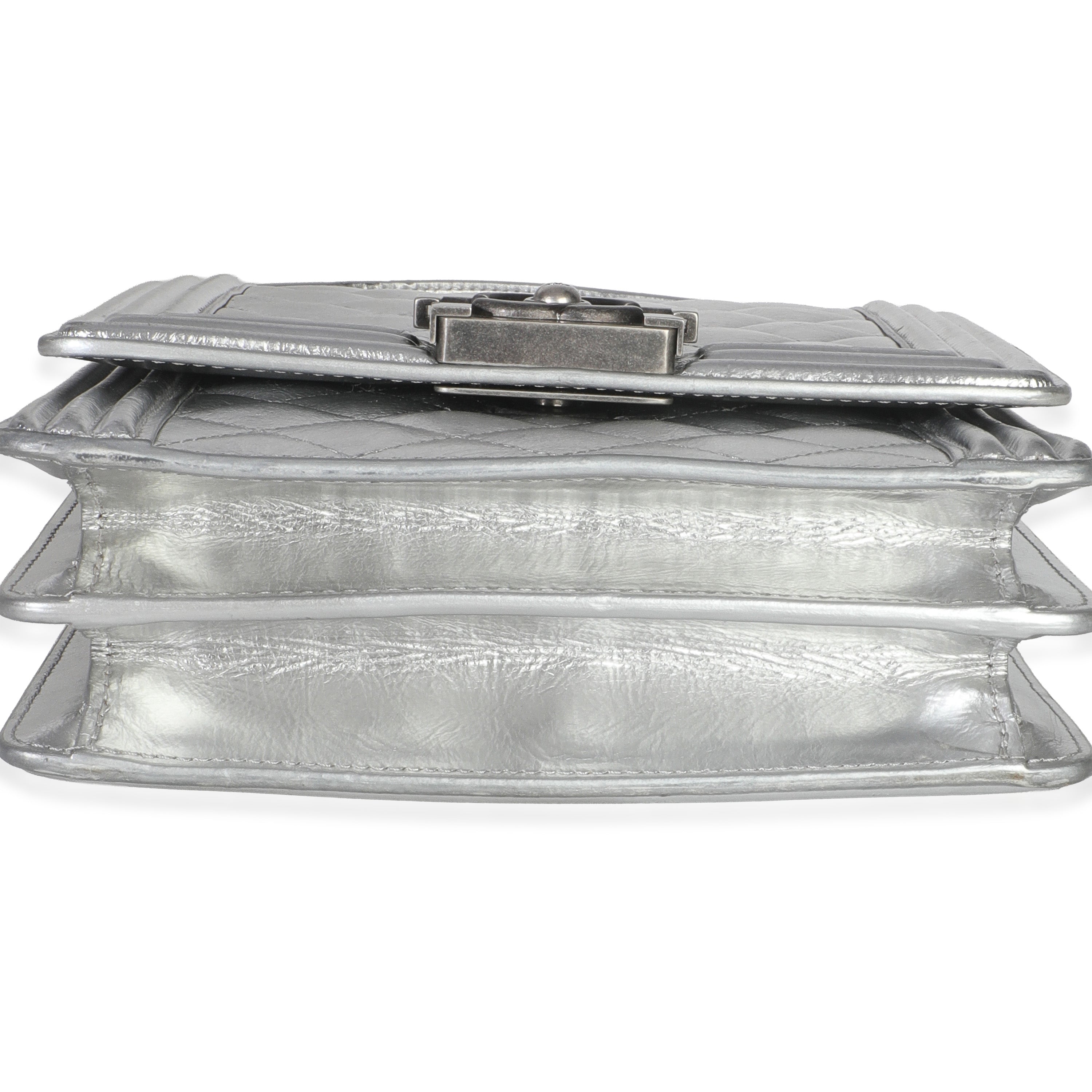 Silver Quilted Crinkled Goatskin North South Boy Bag