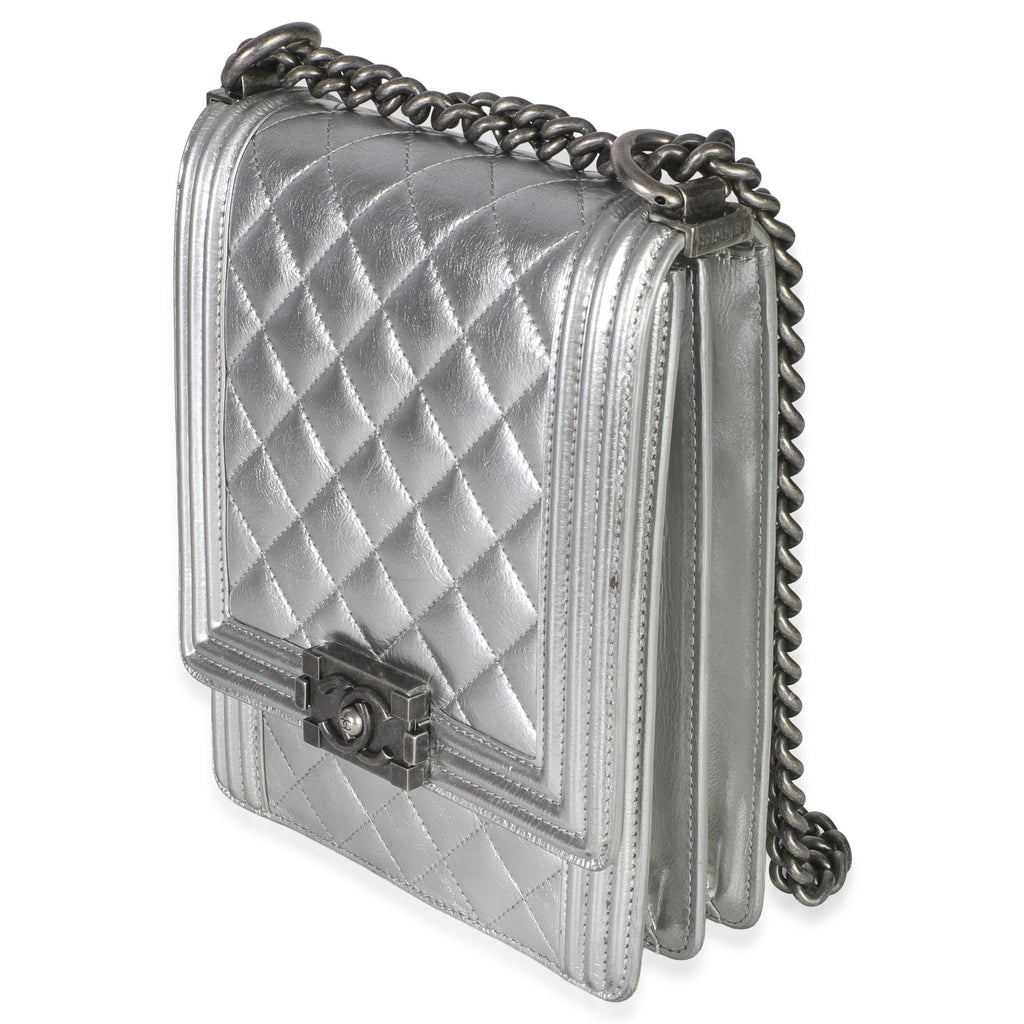 Silver Quilted Crinkled Goatskin North South Boy Bag