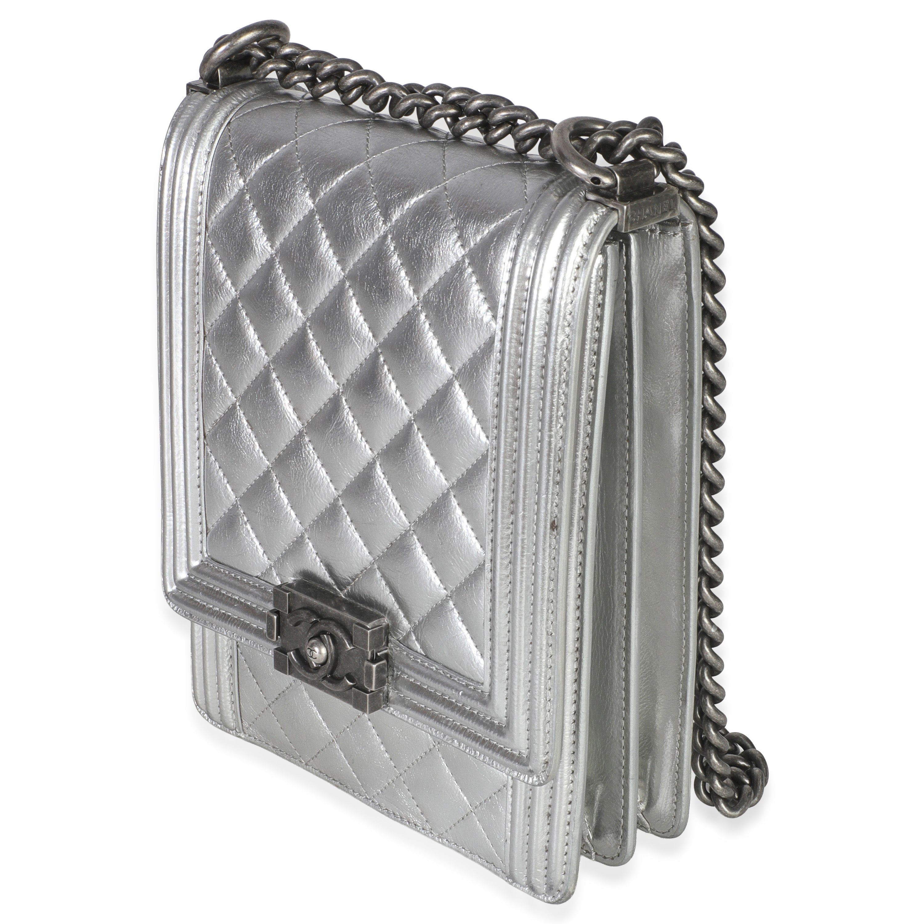 Silver Quilted Crinkled Goatskin North South Boy Bag
