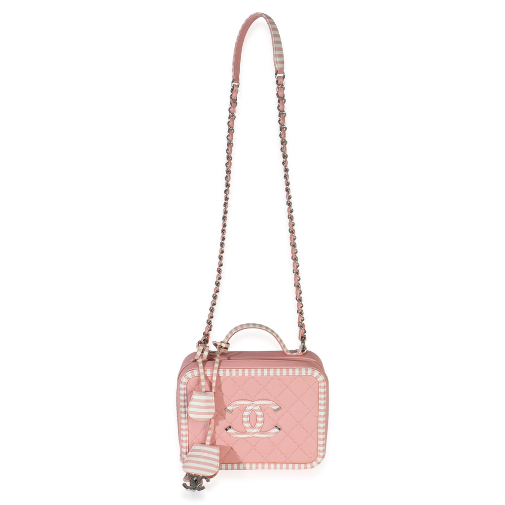 Pink Quilted Caviar Striped Medium CC Filigree Vanity Case
