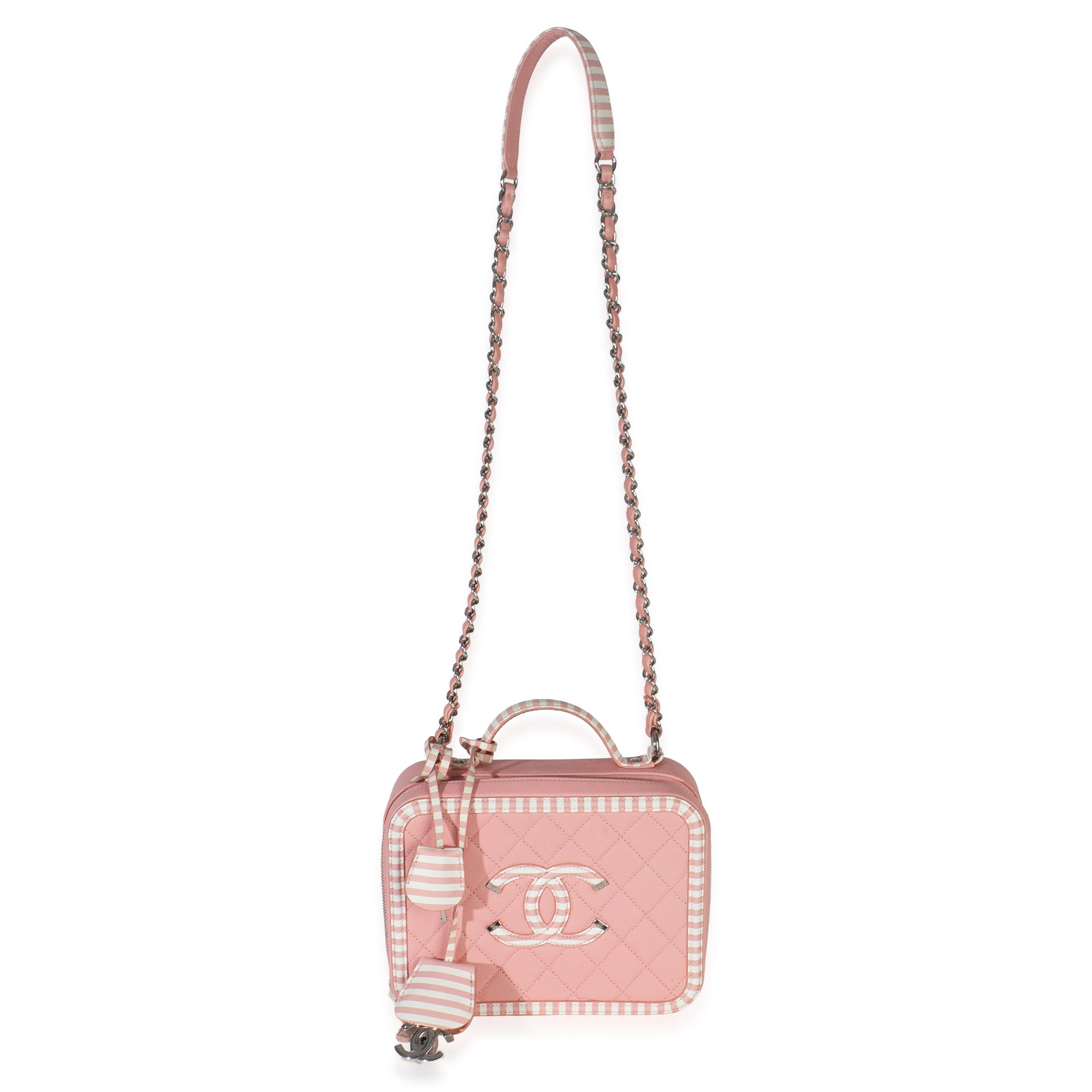 Pink Quilted Caviar Striped Medium CC Filigree Vanity Case