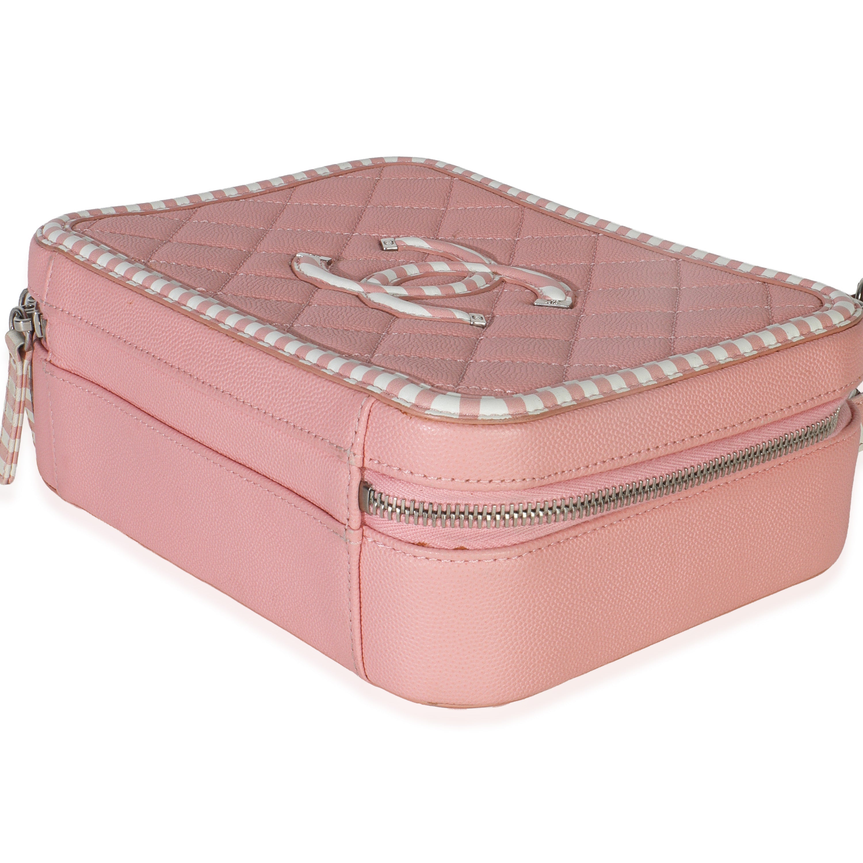 Pink Quilted Caviar Striped Medium CC Filigree Vanity Case