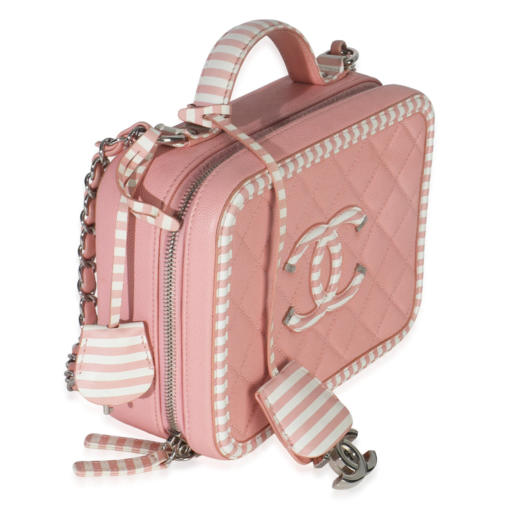 Pink Quilted Caviar Striped Medium CC Filigree Vanity Case