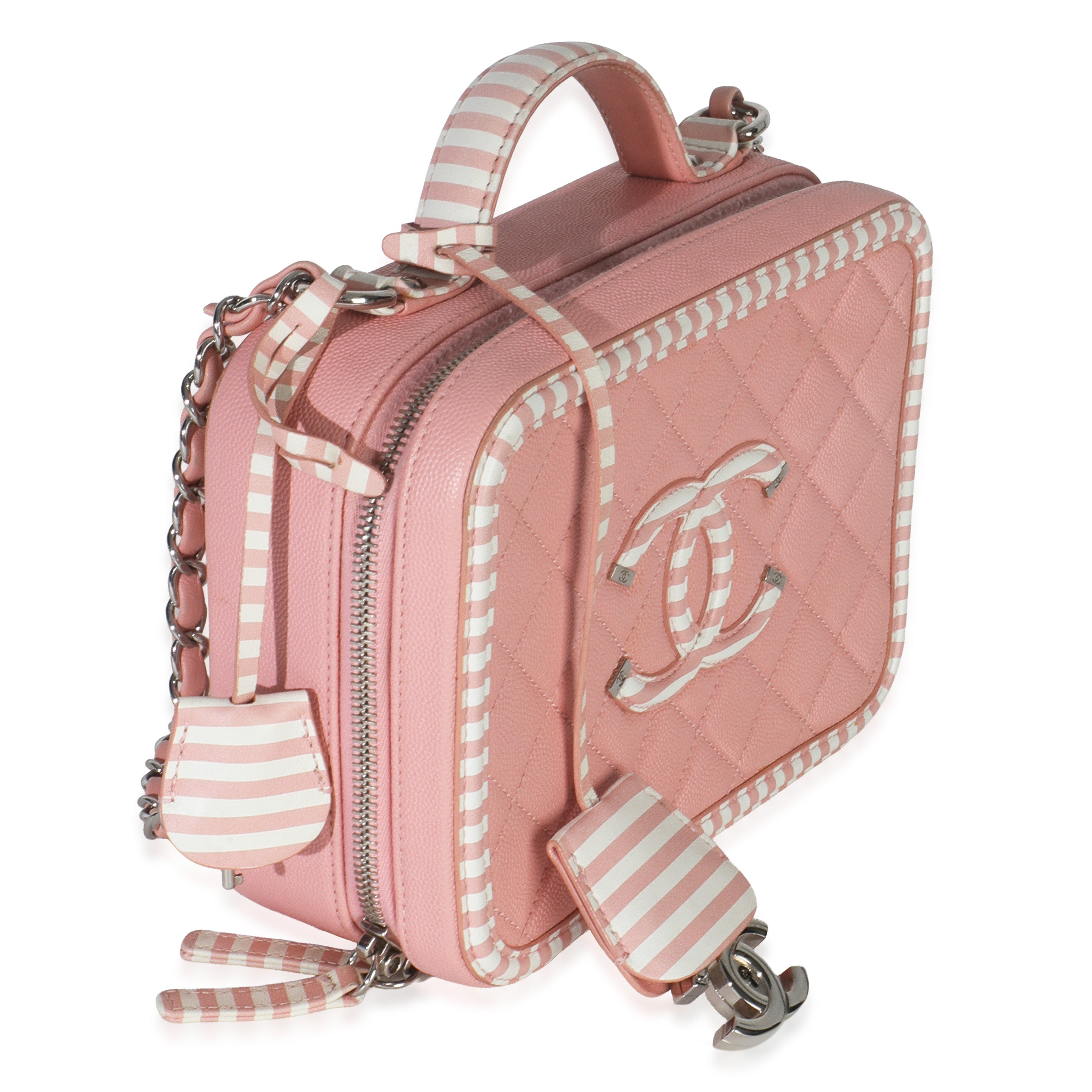 Pink Quilted Caviar Striped Medium CC Filigree Vanity Case