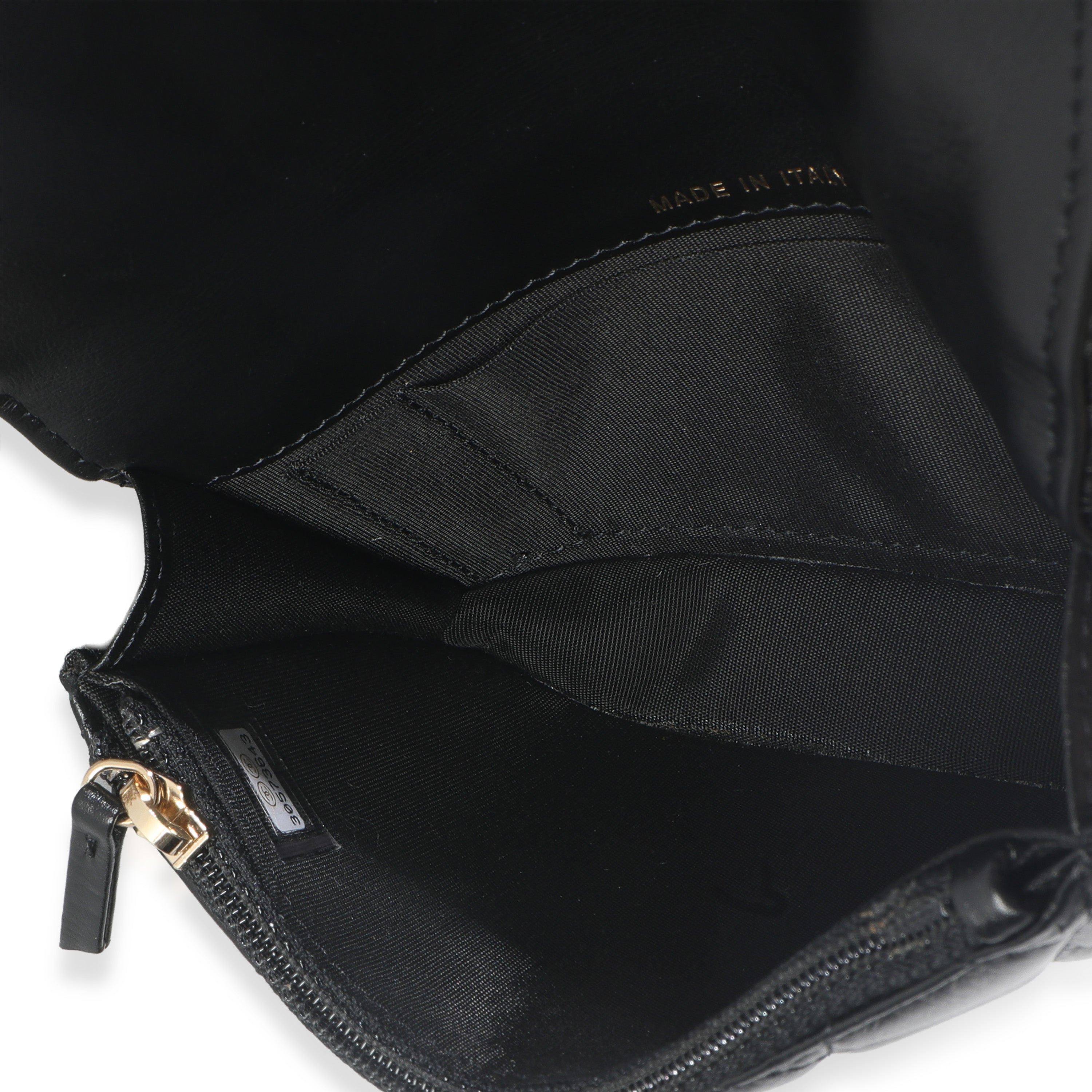 Black Quilted Calfskin Pearl Strap Mini Clutch With Chain