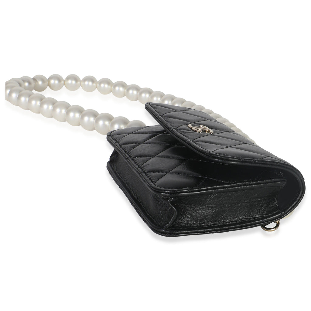 Black Quilted Calfskin Pearl Strap Mini Clutch With Chain