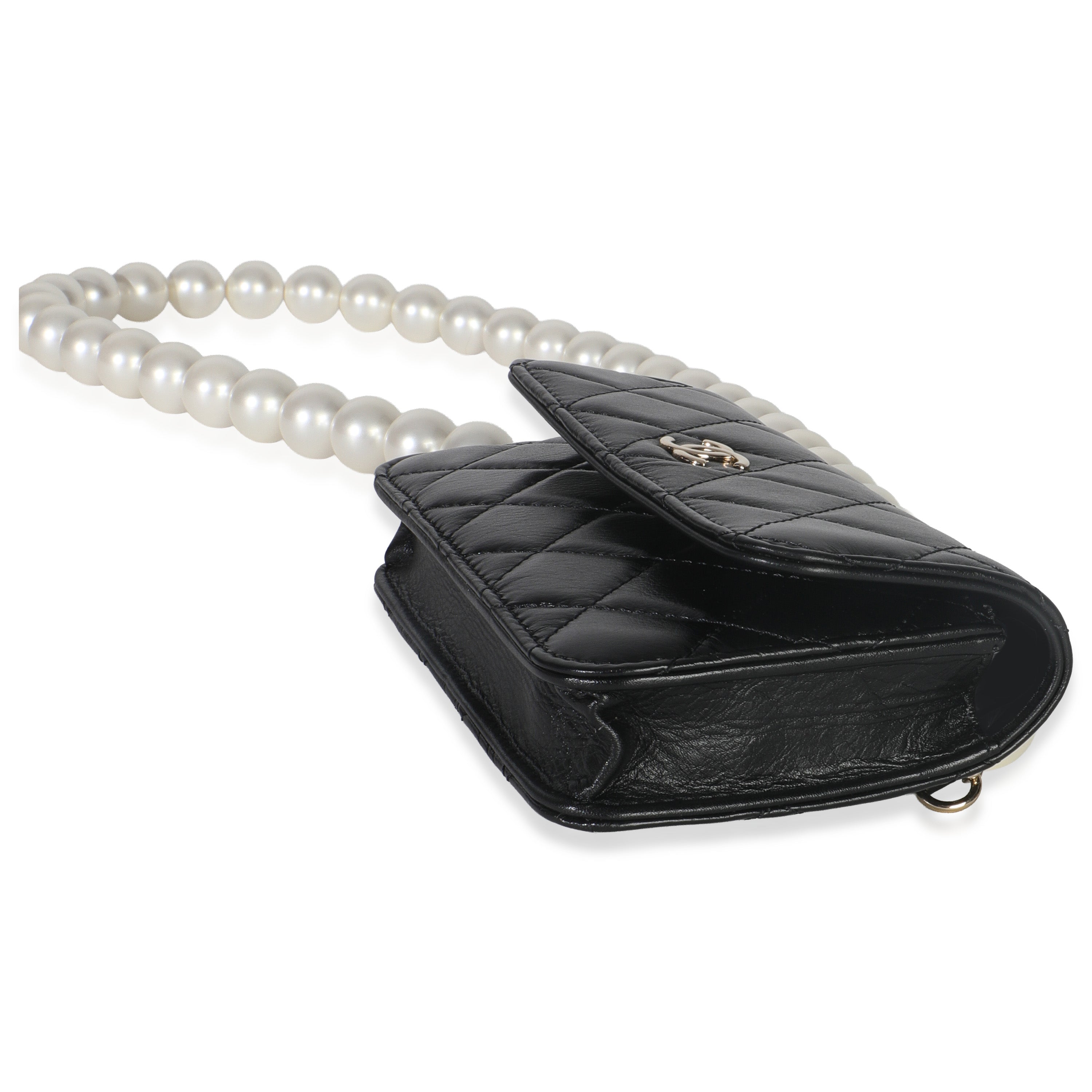 Black Quilted Calfskin Pearl Strap Mini Clutch With Chain