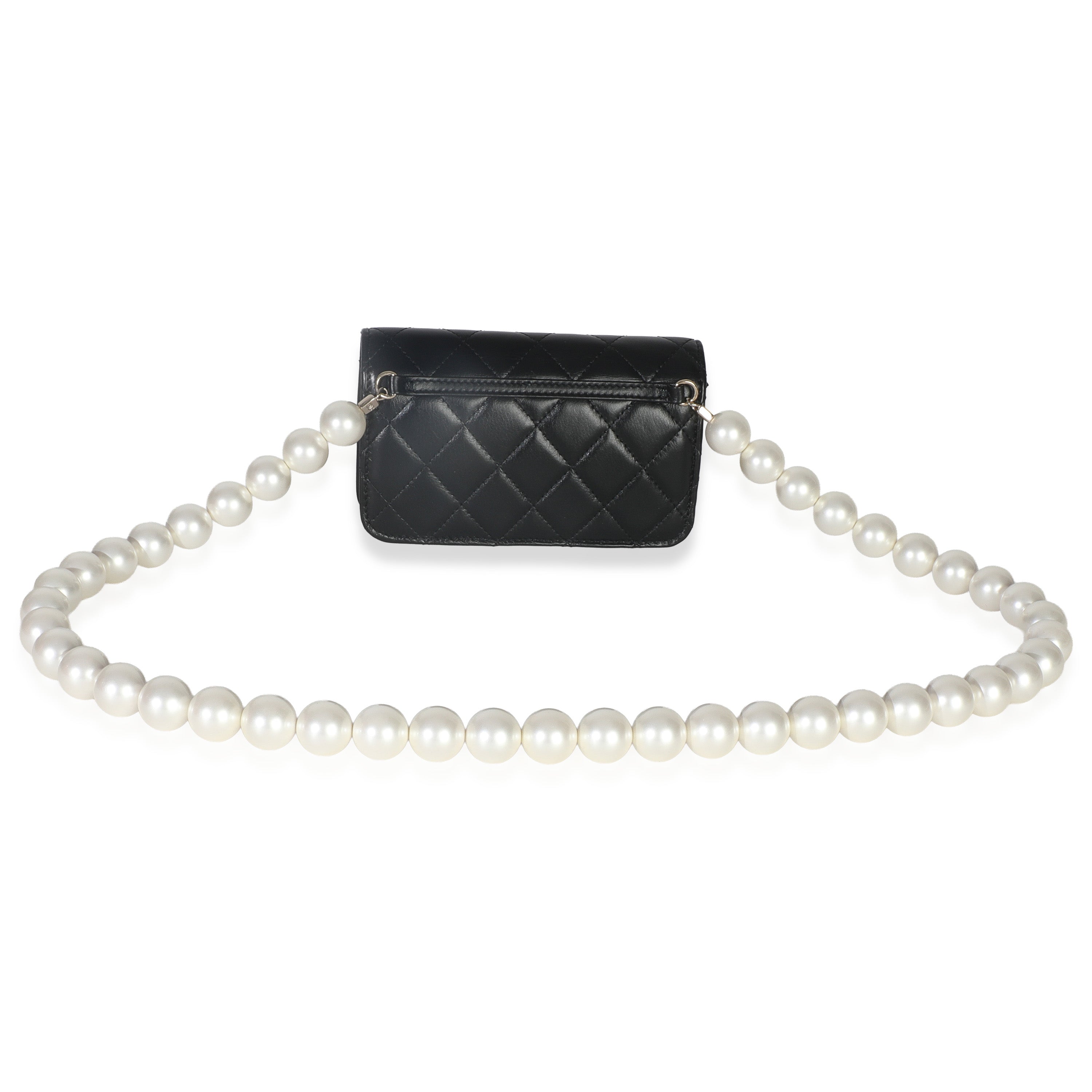 Black Quilted Calfskin Pearl Strap Mini Clutch With Chain