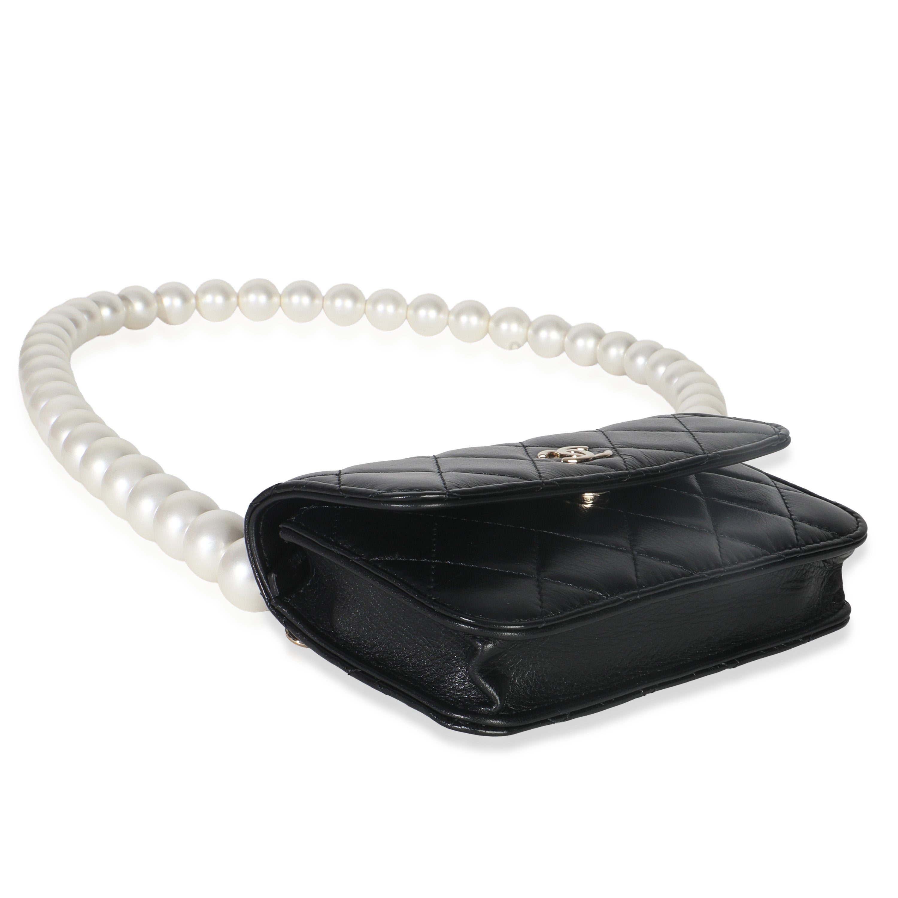 Black Quilted Calfskin Pearl Strap Mini Clutch With Chain