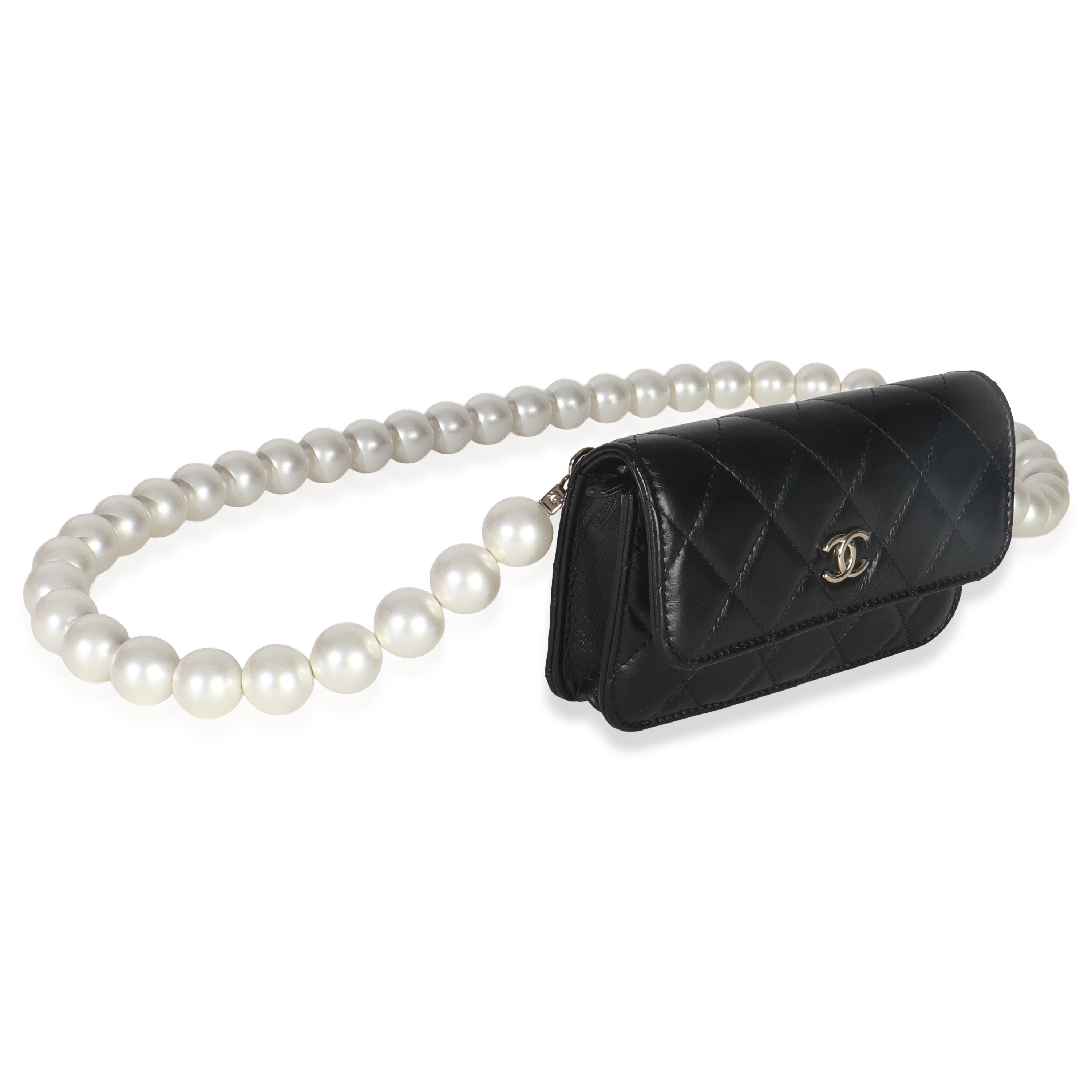 Black Quilted Calfskin Pearl Strap Mini Clutch With Chain