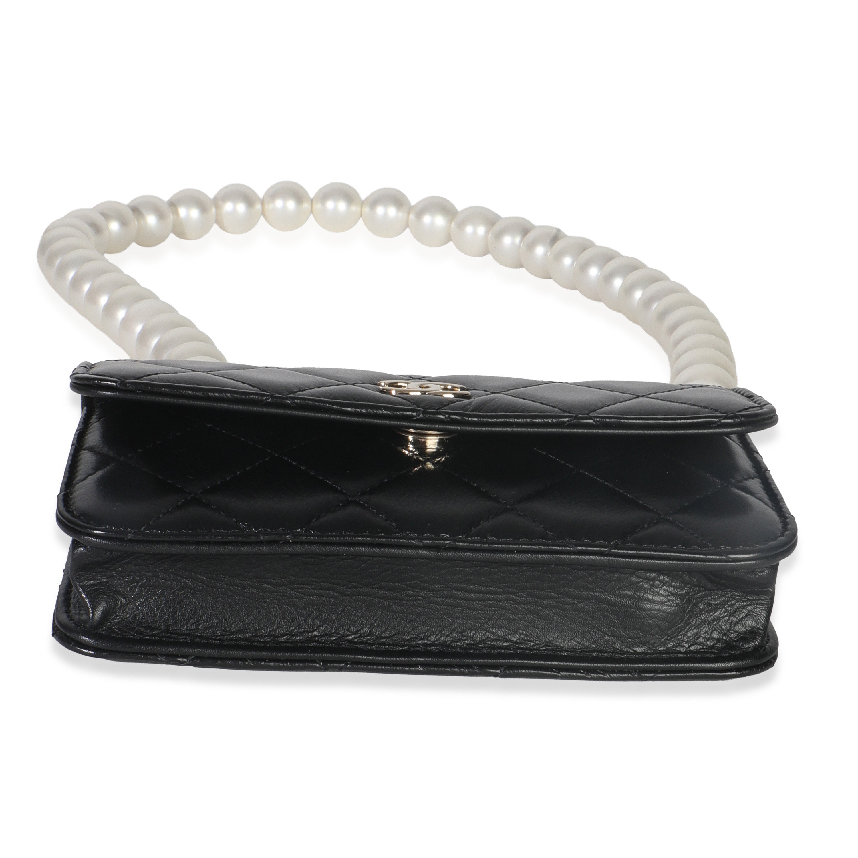 Black Quilted Calfskin Pearl Strap Mini Clutch With Chain