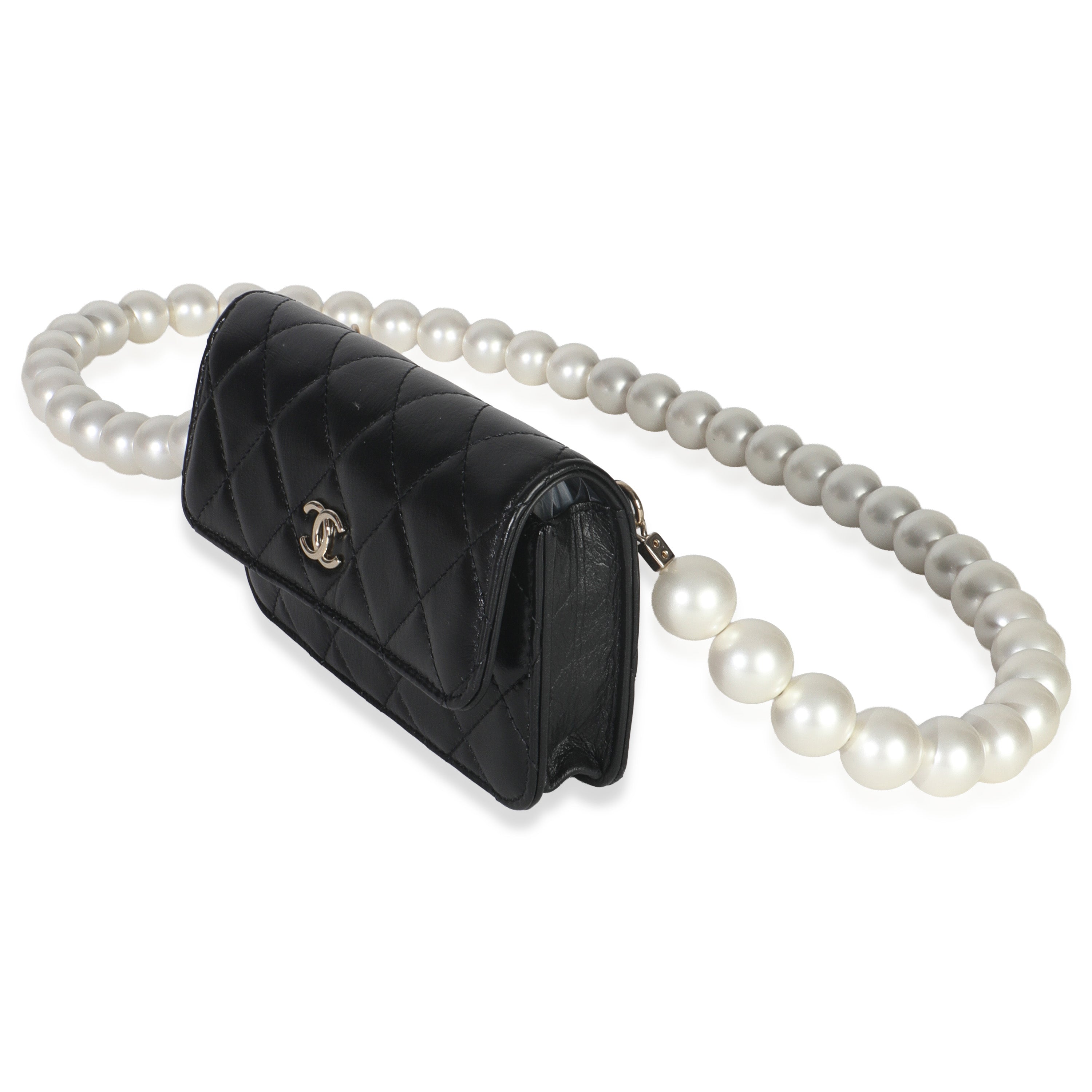 Black Quilted Calfskin Pearl Strap Mini Clutch With Chain