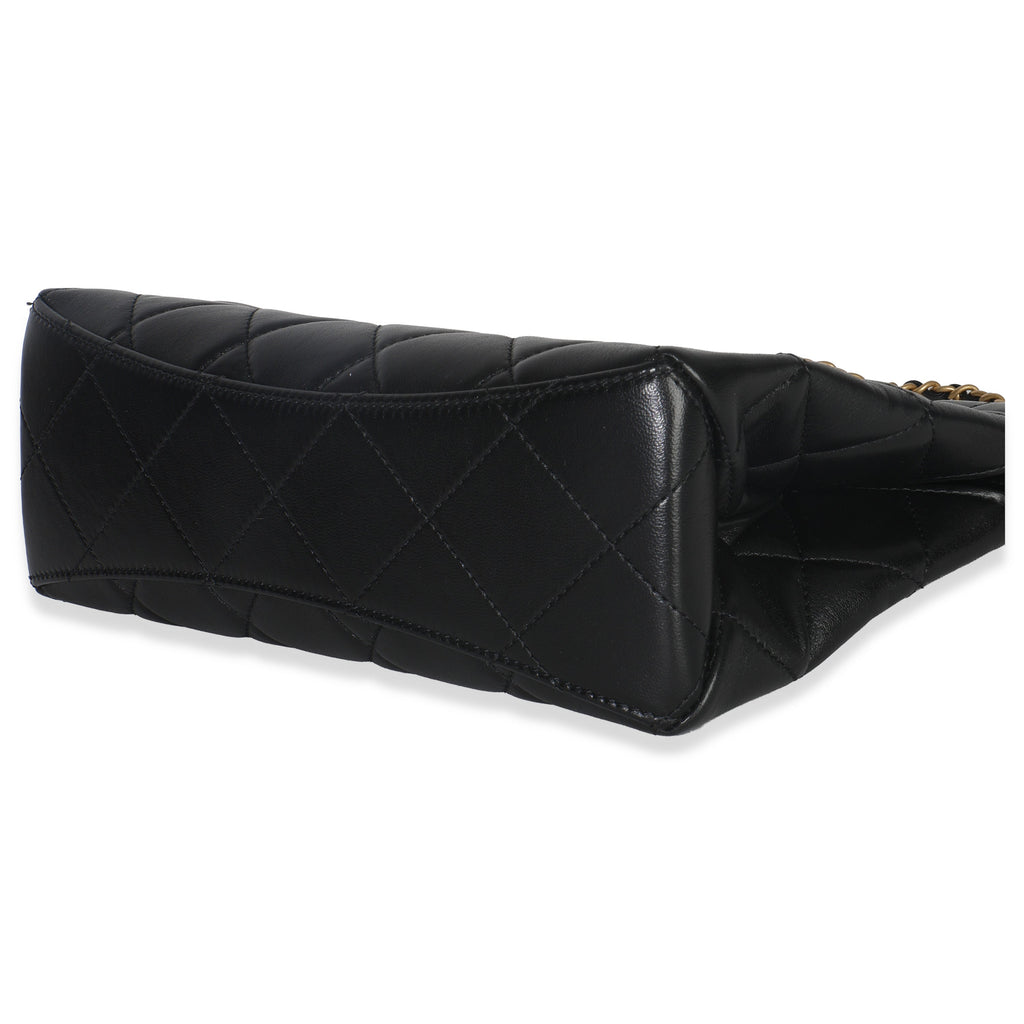 25P Black Shiny Quilted Lambskin Pearl Small Shopping Bag