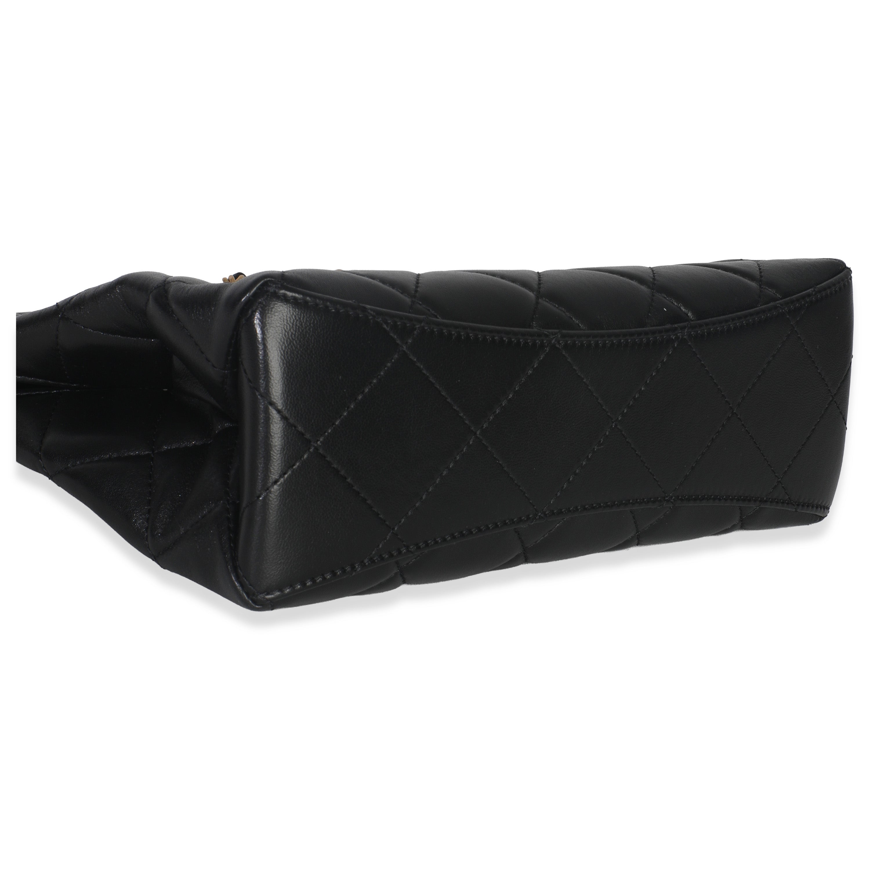 25P Black Shiny Quilted Lambskin Pearl Small Shopping Bag