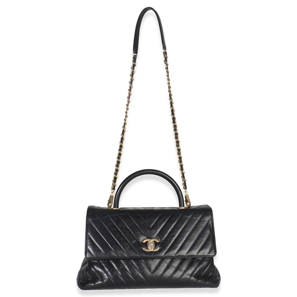 Black Chevron Aged Calfskin Large Coco Top Handle Bag