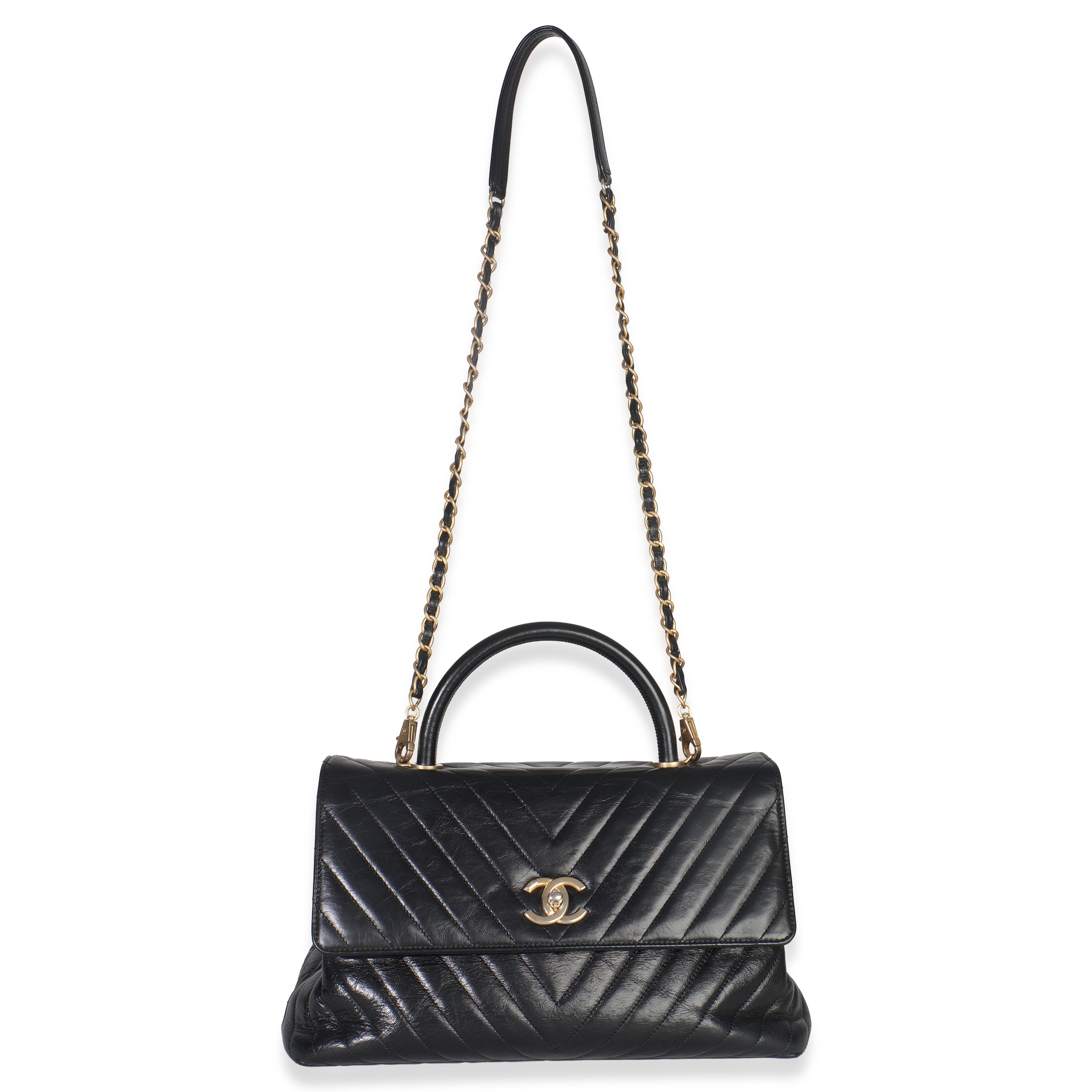 Black Chevron Aged Calfskin Large Coco Top Handle Bag
