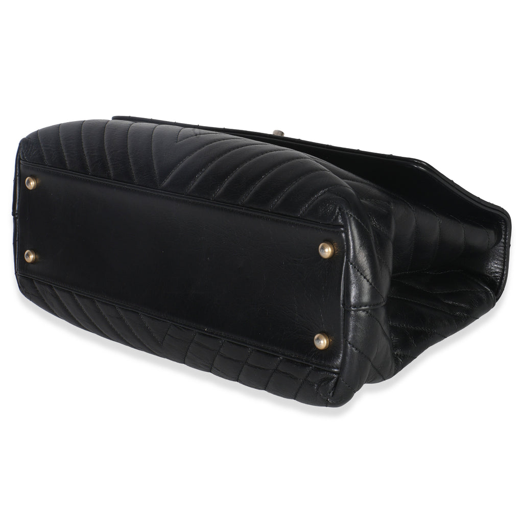 Black Chevron Aged Calfskin Large Coco Top Handle Bag