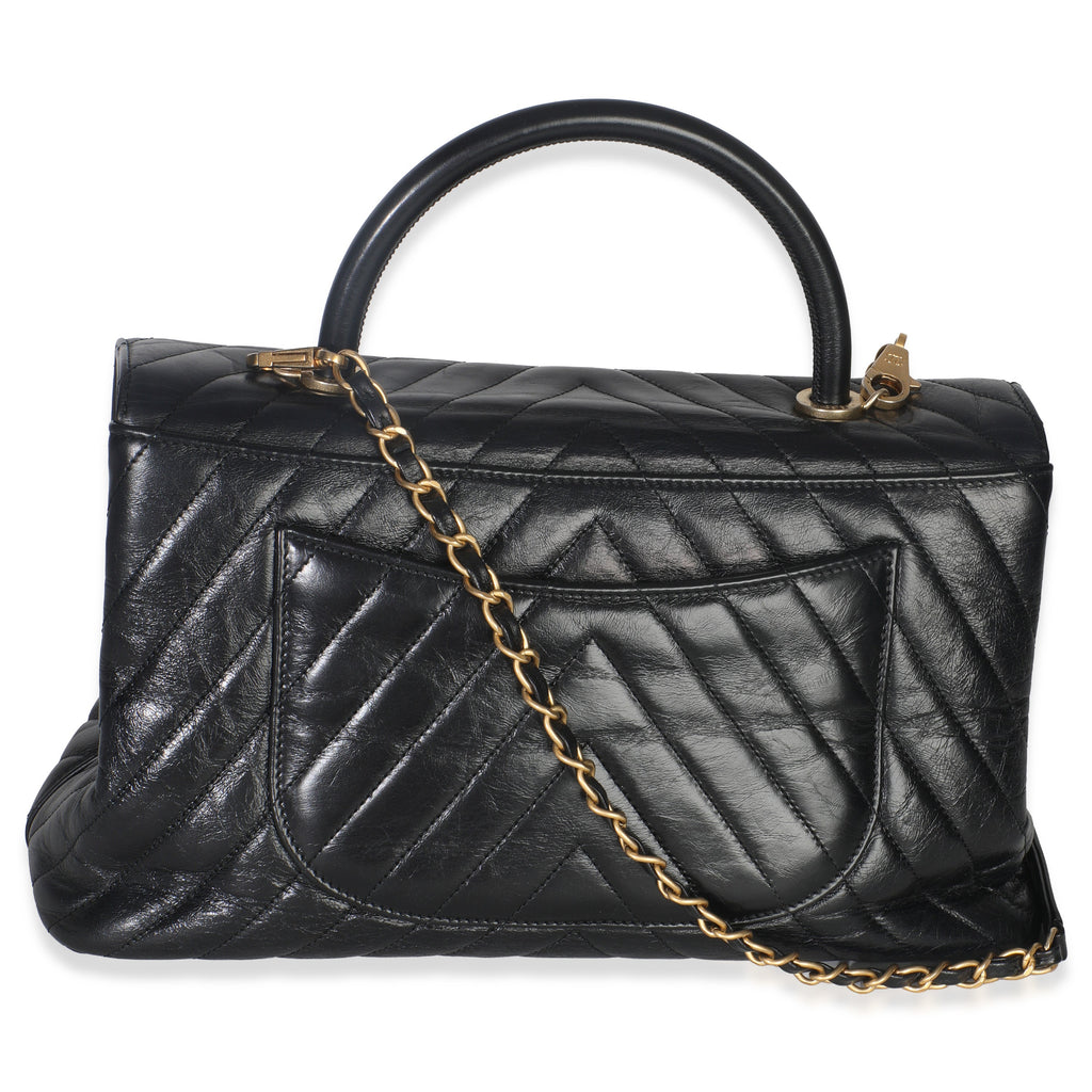 Black Chevron Aged Calfskin Large Coco Top Handle Bag
