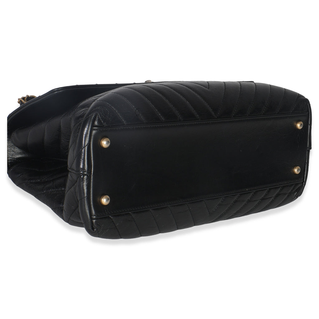 Black Chevron Aged Calfskin Large Coco Top Handle Bag