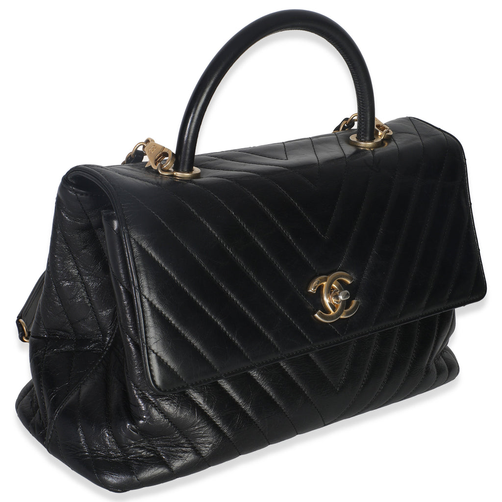 Black Chevron Aged Calfskin Large Coco Top Handle Bag