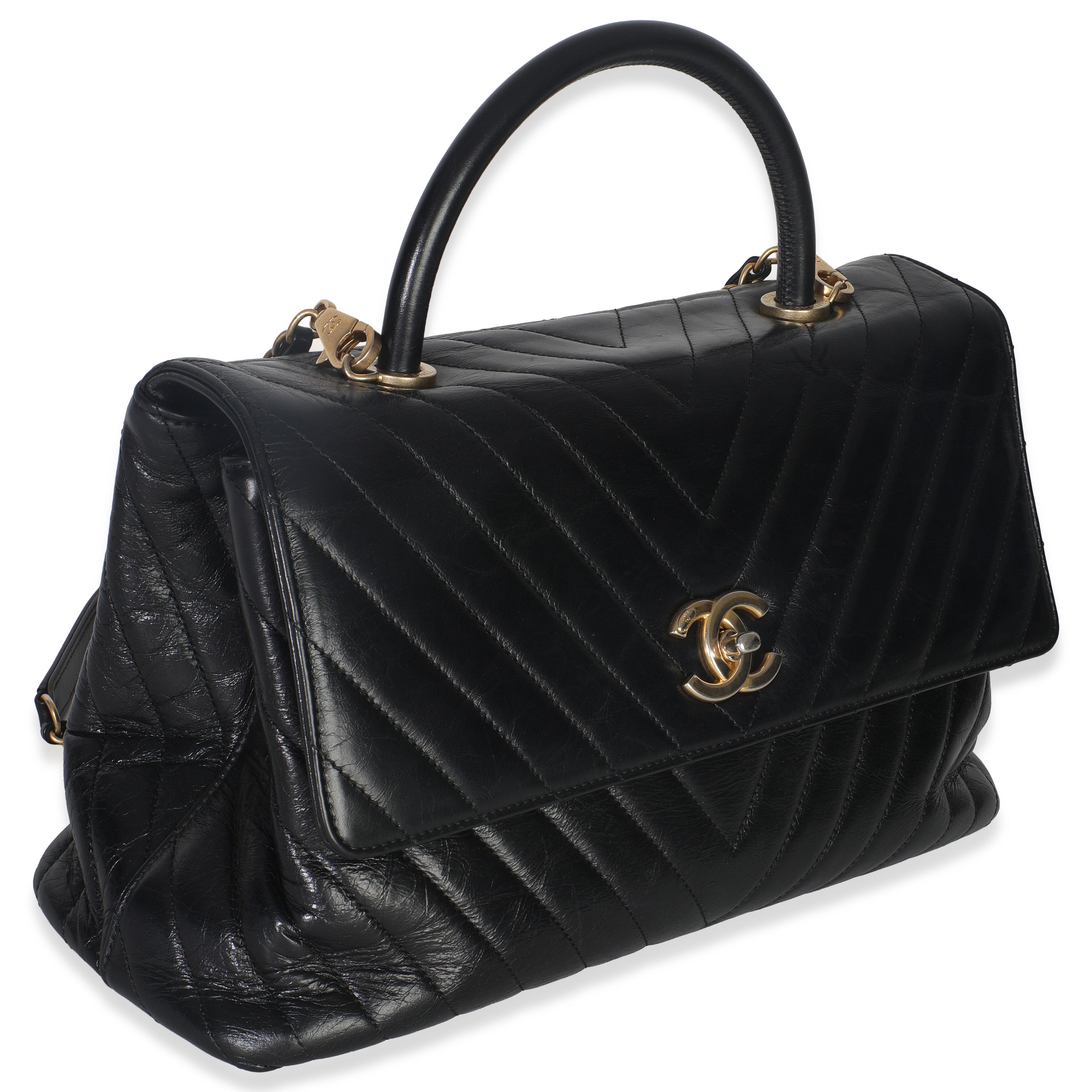 Black Chevron Aged Calfskin Large Coco Top Handle Bag