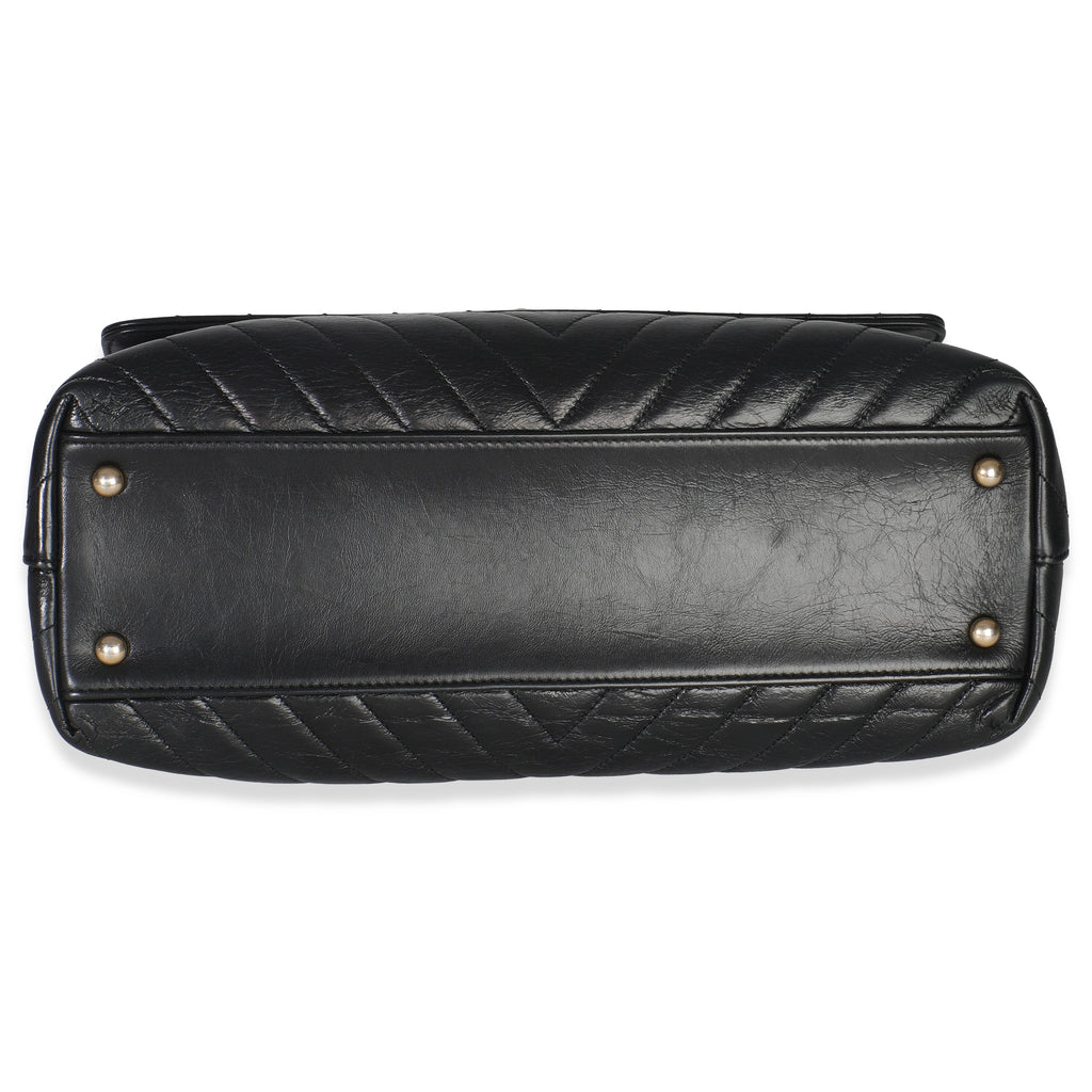 Black Chevron Aged Calfskin Large Coco Top Handle Bag