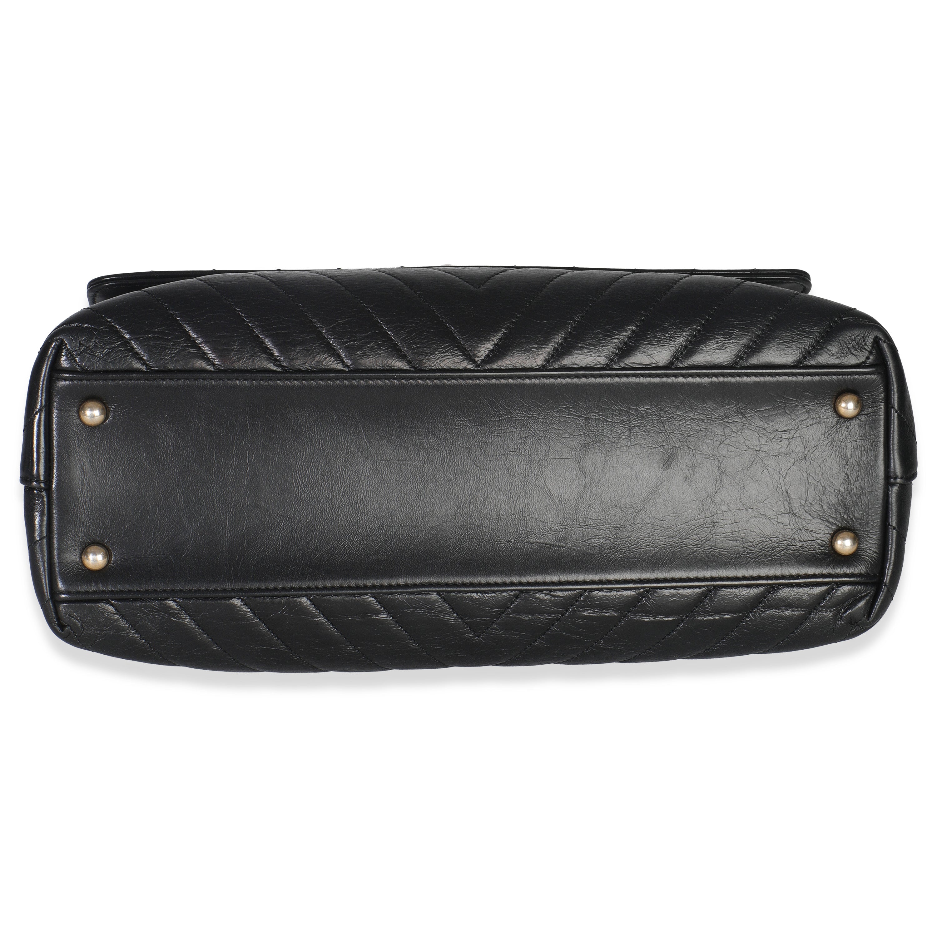 Black Chevron Aged Calfskin Large Coco Top Handle Bag