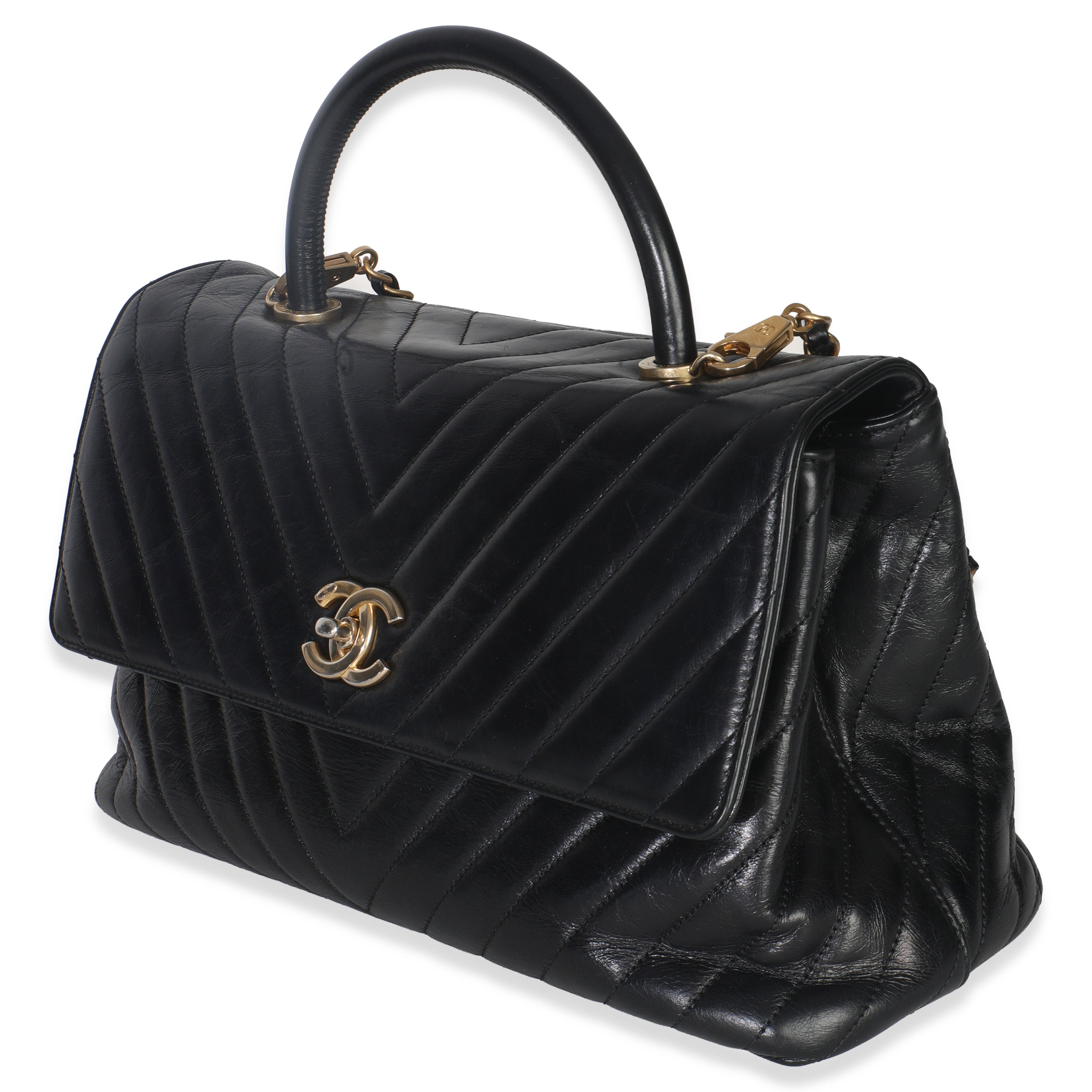 Black Chevron Aged Calfskin Large Coco Top Handle Bag