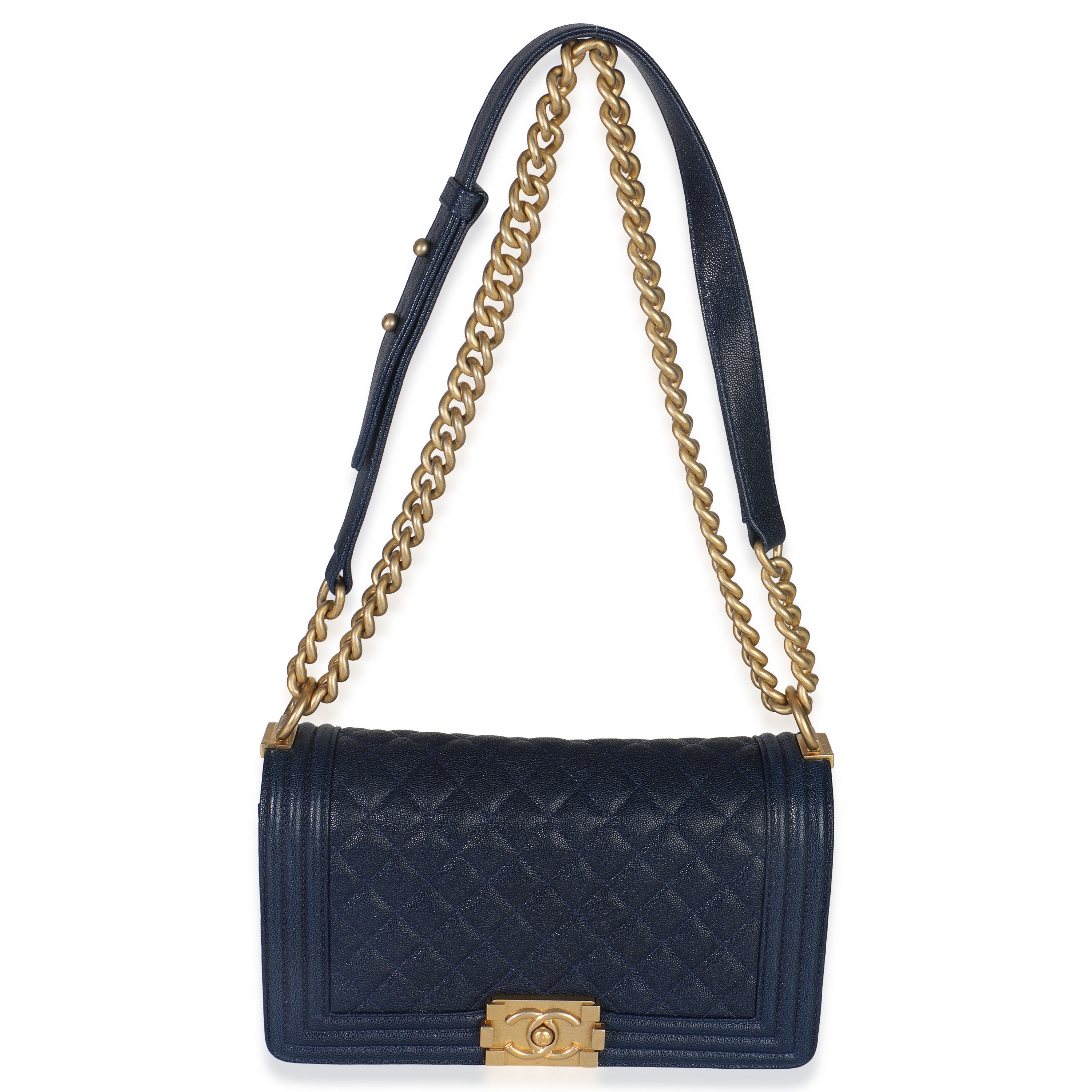 Navy Quilted Caviar Old Medium Boy Bag