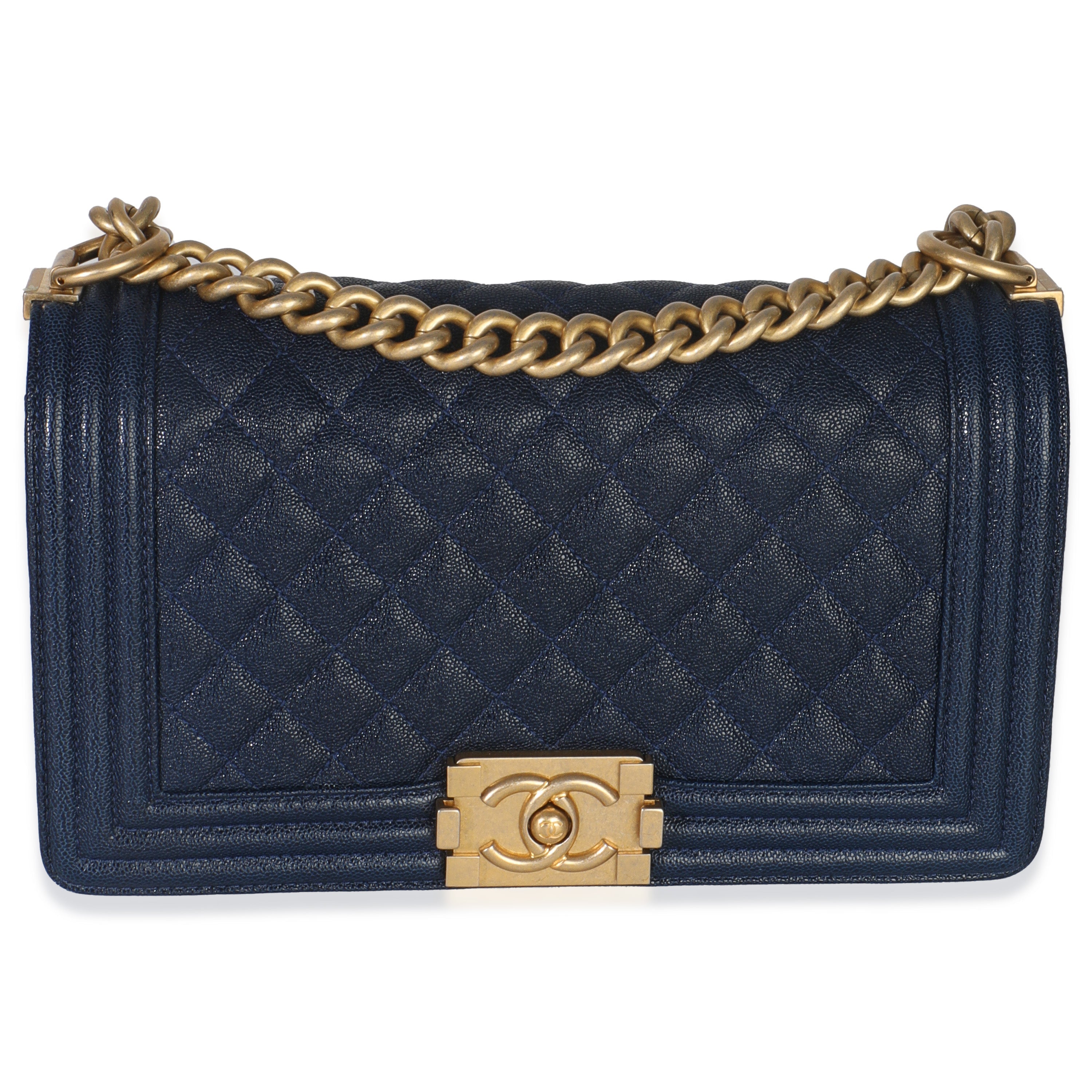 Navy Quilted Caviar Old Medium Boy Bag