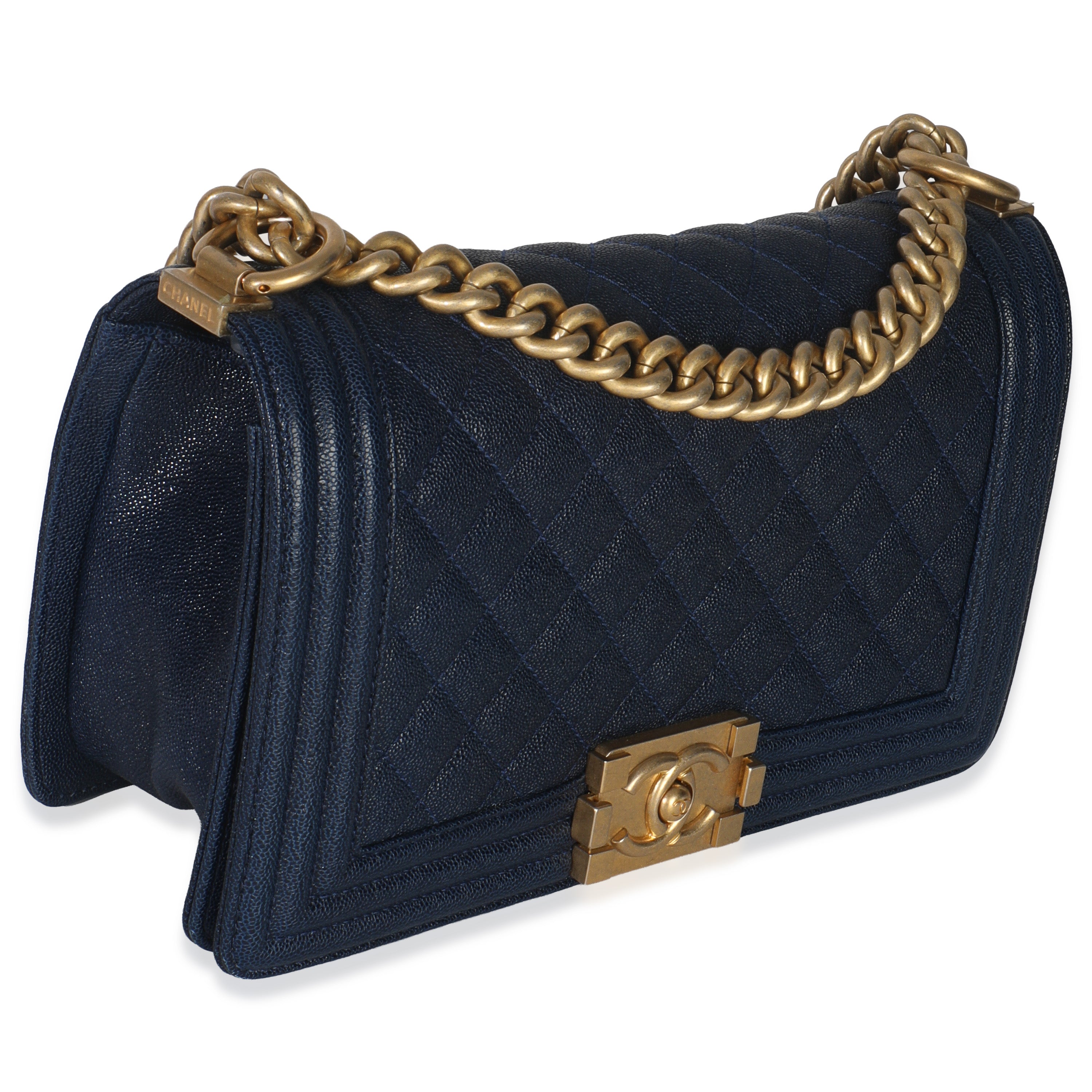 Navy Quilted Caviar Old Medium Boy Bag