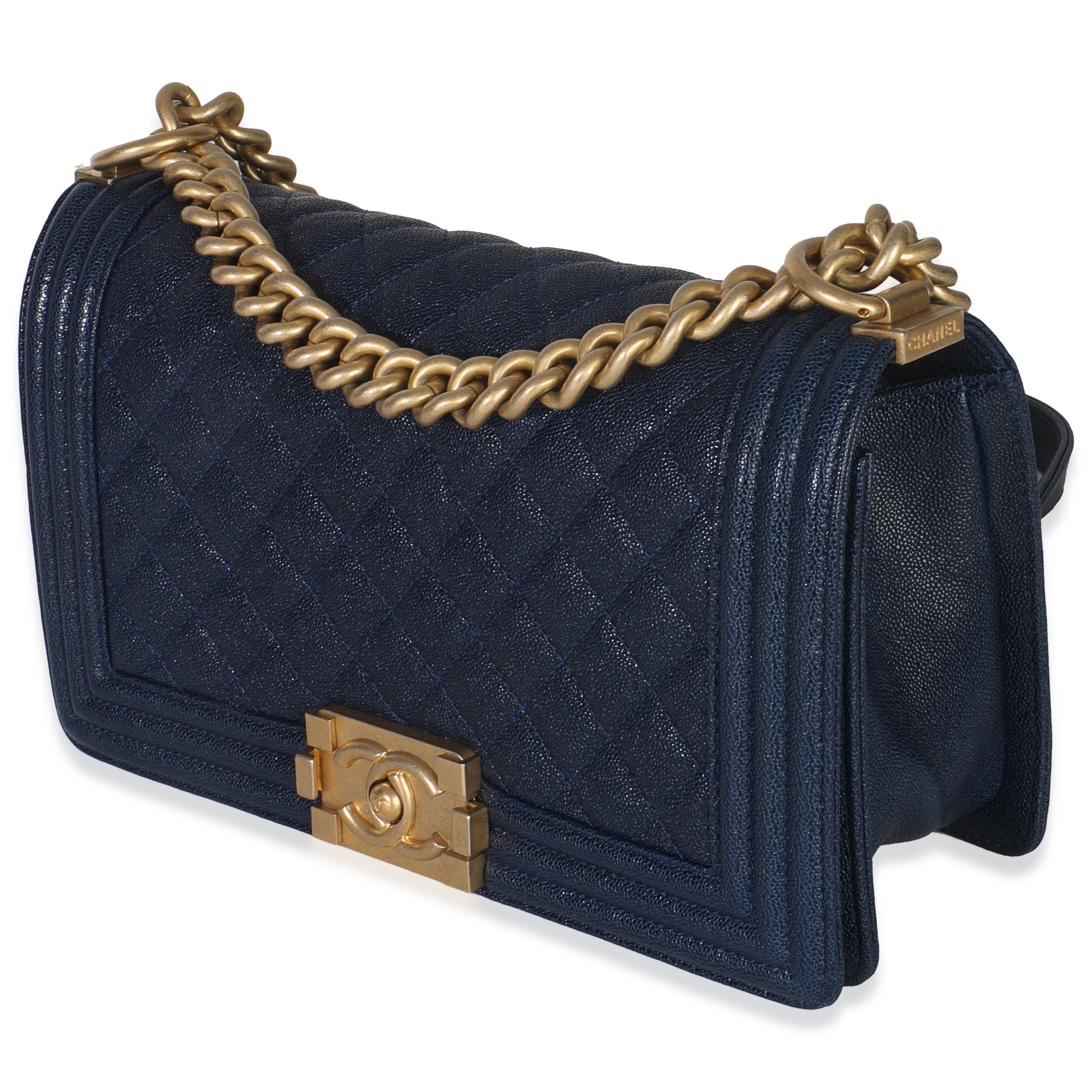 Navy Quilted Caviar Old Medium Boy Bag
