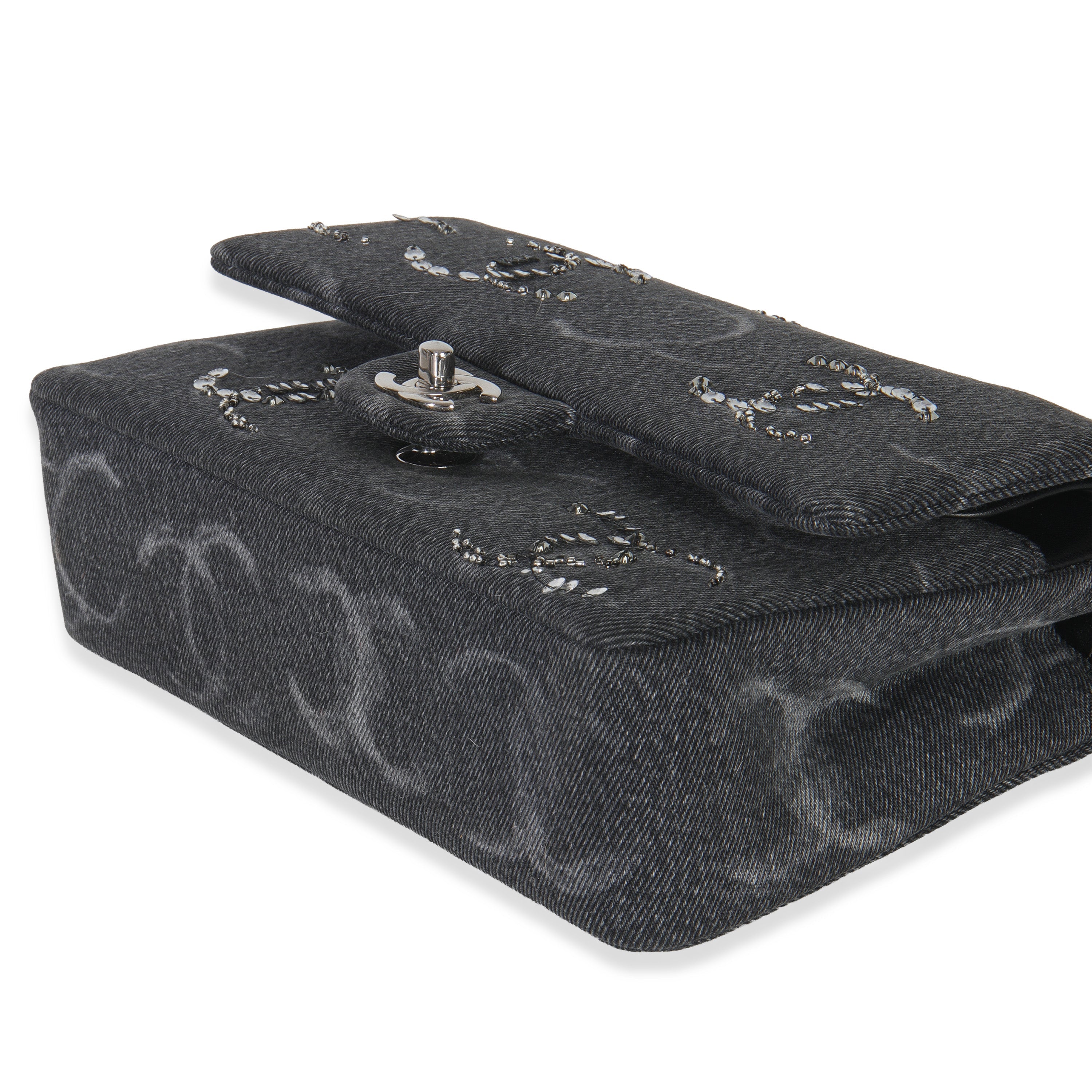 Black Denim Sequin CC Medium Classic Double Flap Bag