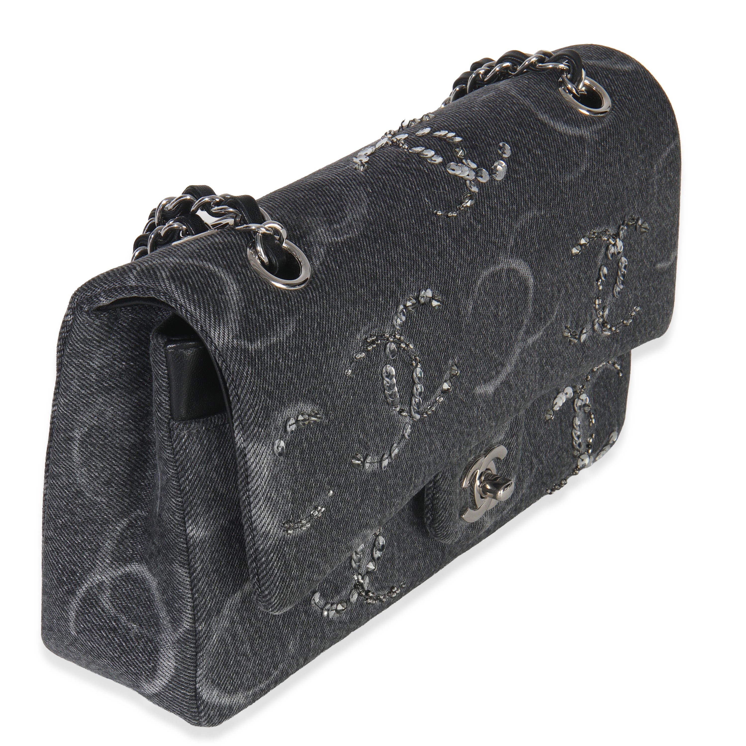 Black Denim Sequin CC Medium Classic Double Flap Bag