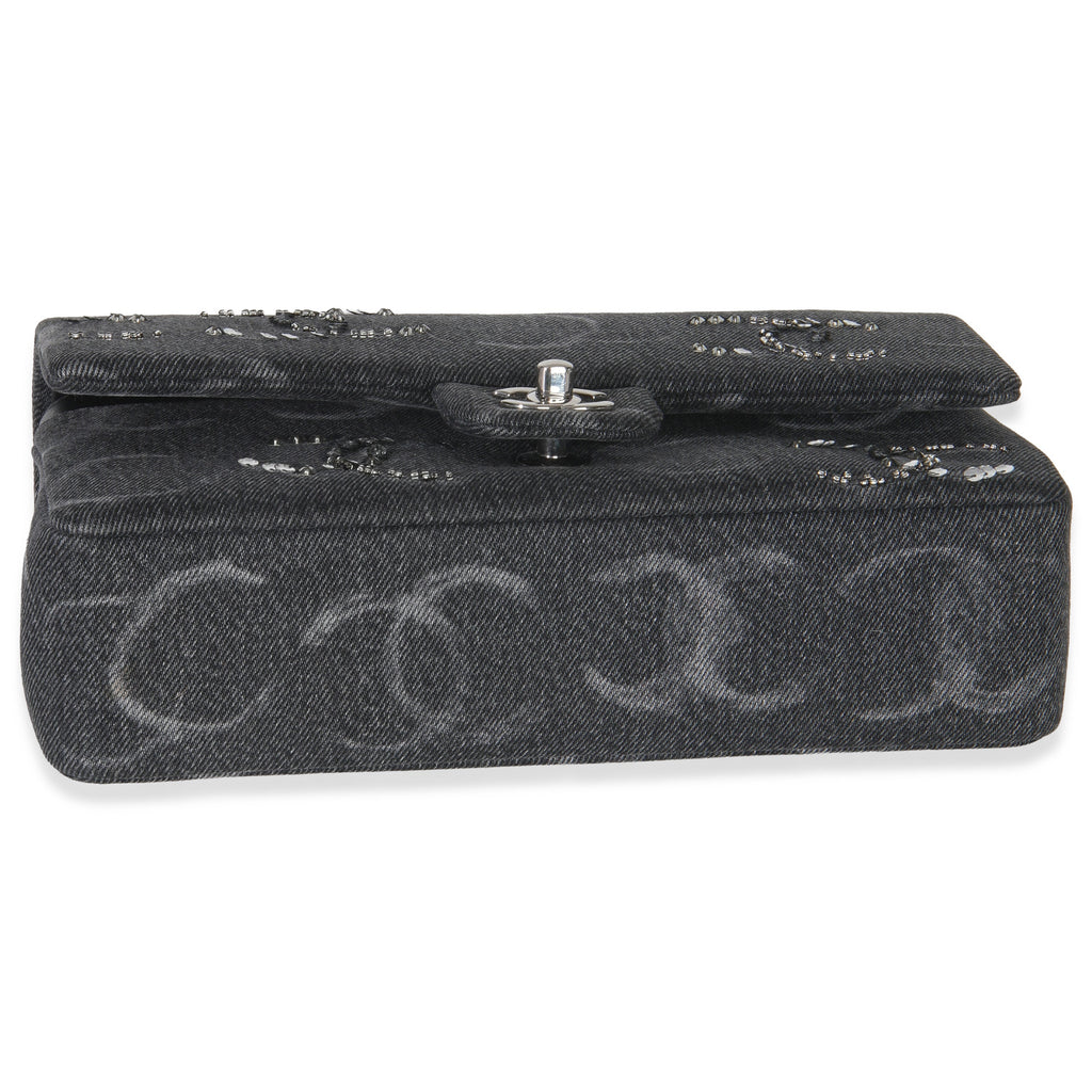 Black Denim Sequin CC Medium Classic Double Flap Bag