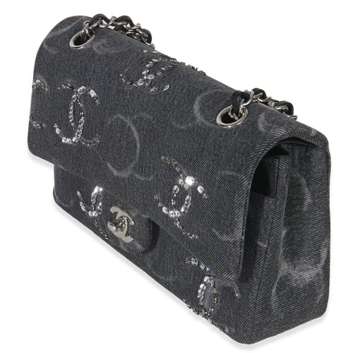 Black Denim Sequin CC Medium Classic Double Flap Bag