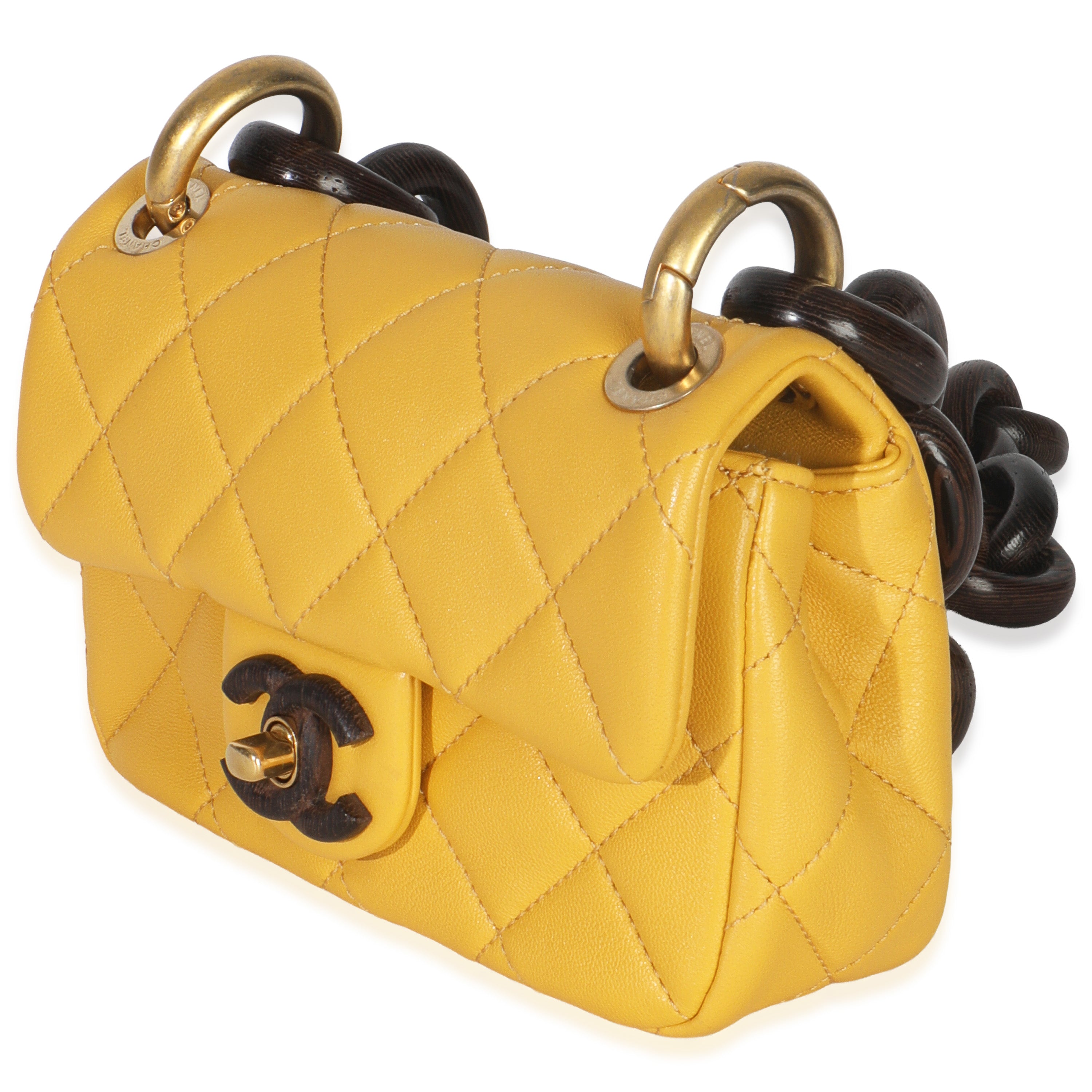 Yellow Quilted Lambskin Wenge Wood Mini Flap Bag