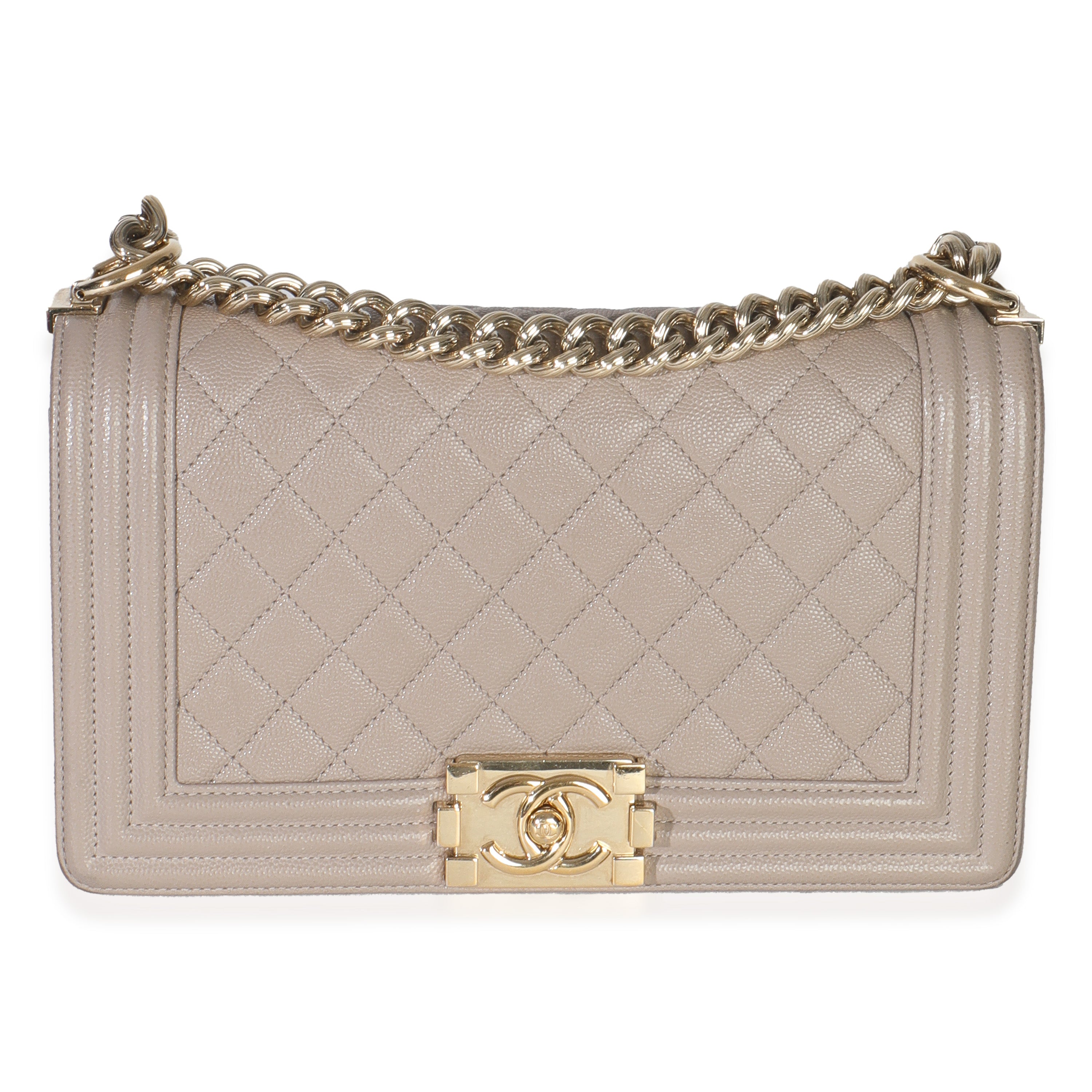 Beige Quilted Caviar Medium Boy Handbag