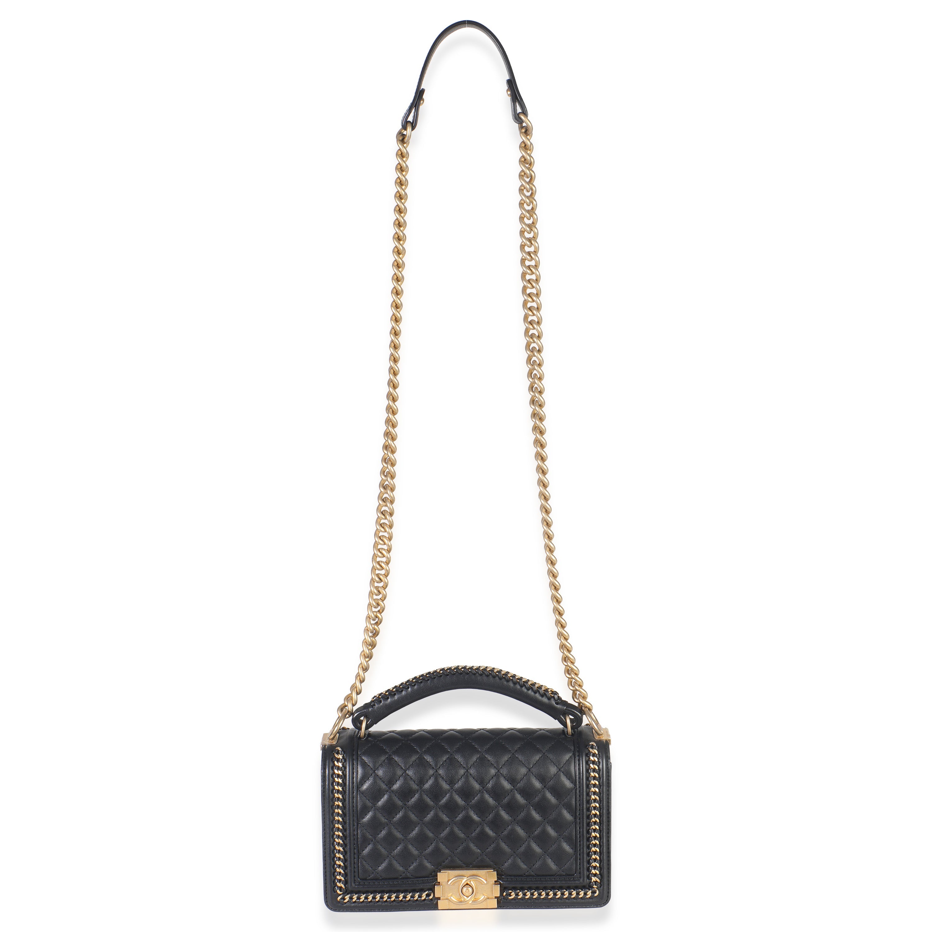 Black Quilted Calfskin Interwoven Chain Top Handle Boy Bag