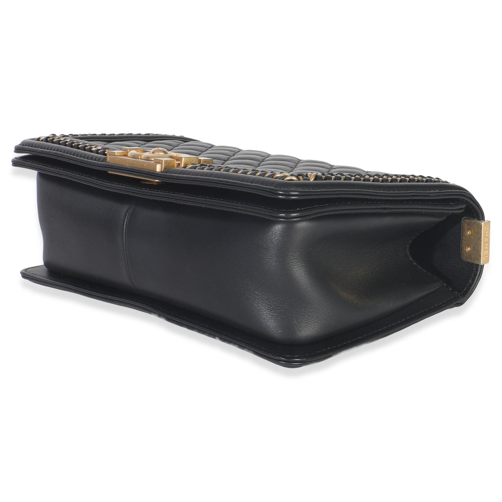 Black Quilted Calfskin Interwoven Chain Top Handle Boy Bag
