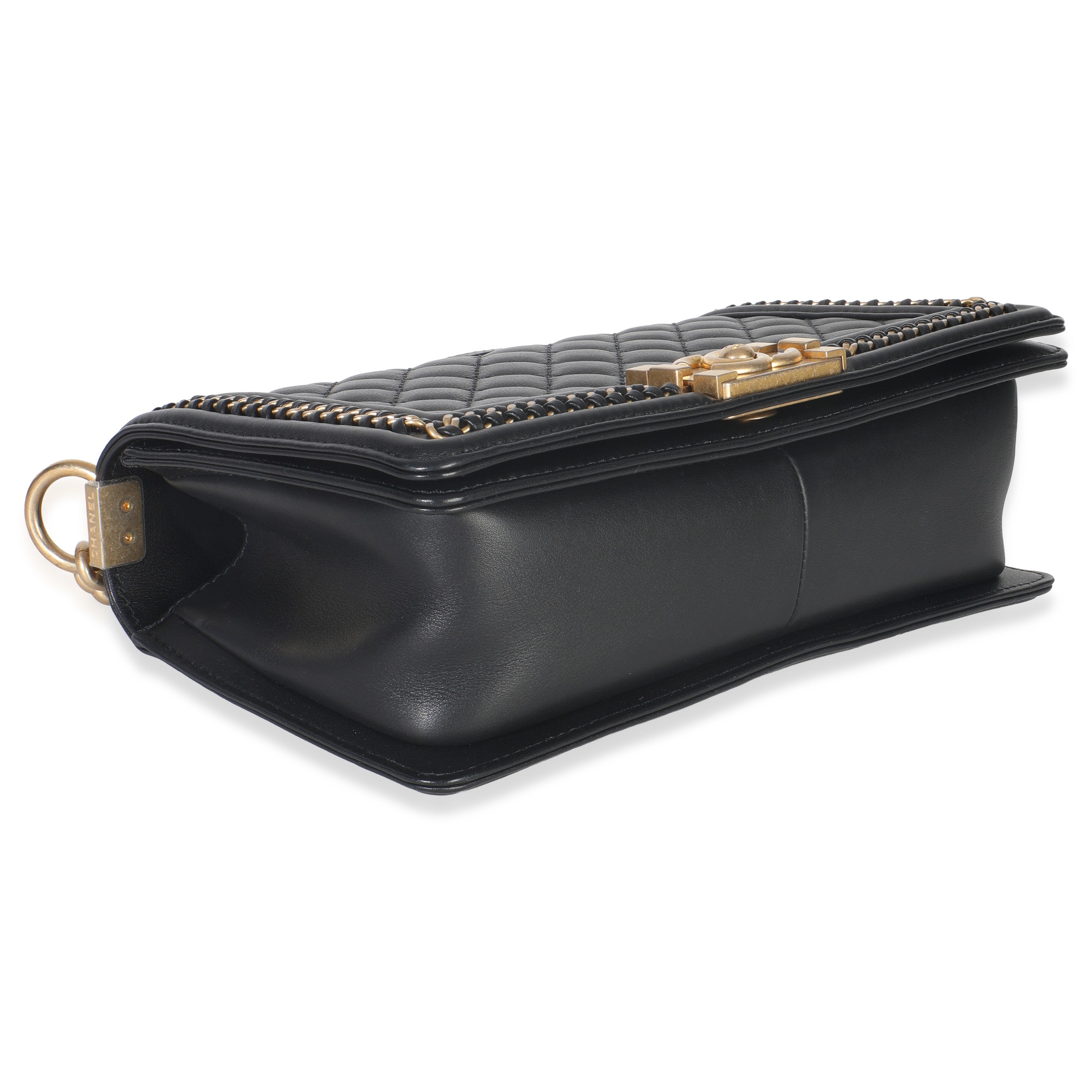 Black Quilted Calfskin Interwoven Chain Top Handle Boy Bag