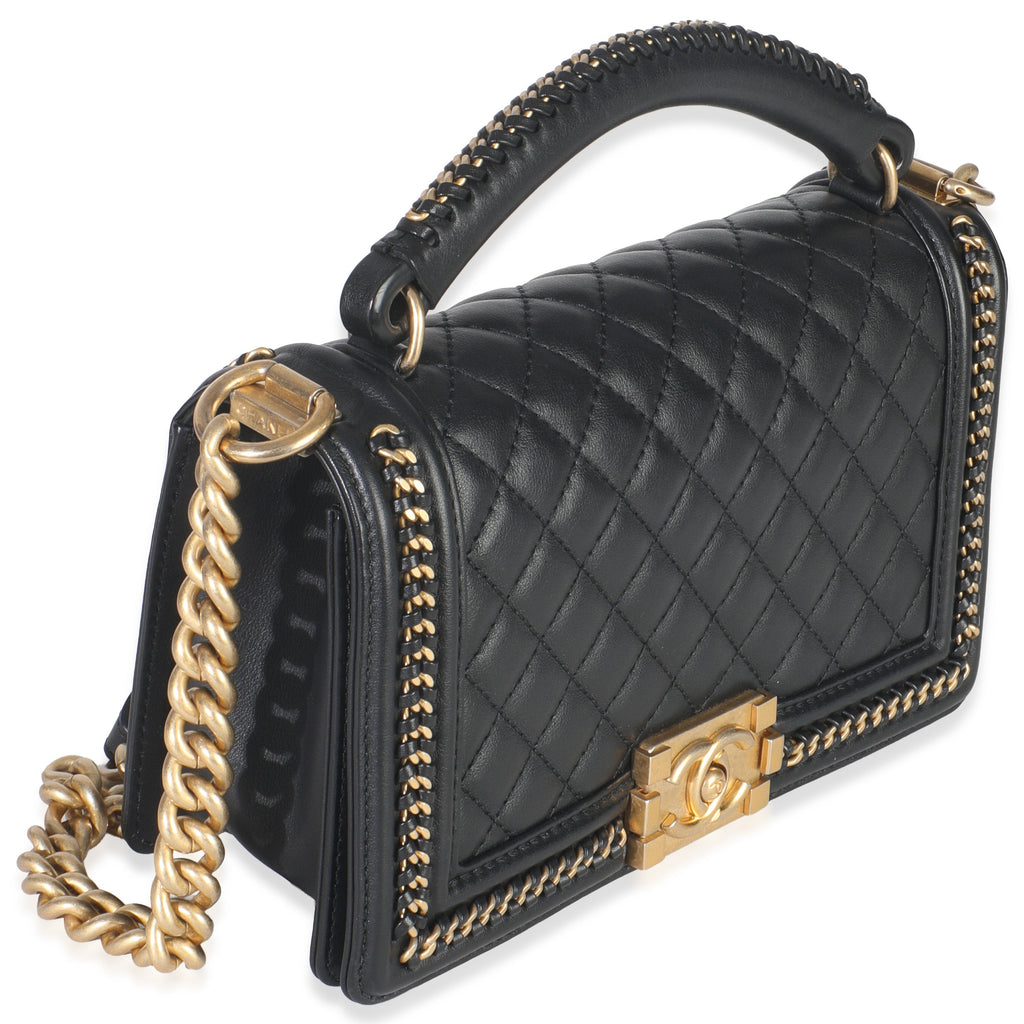 Black Quilted Calfskin Interwoven Chain Top Handle Boy Bag