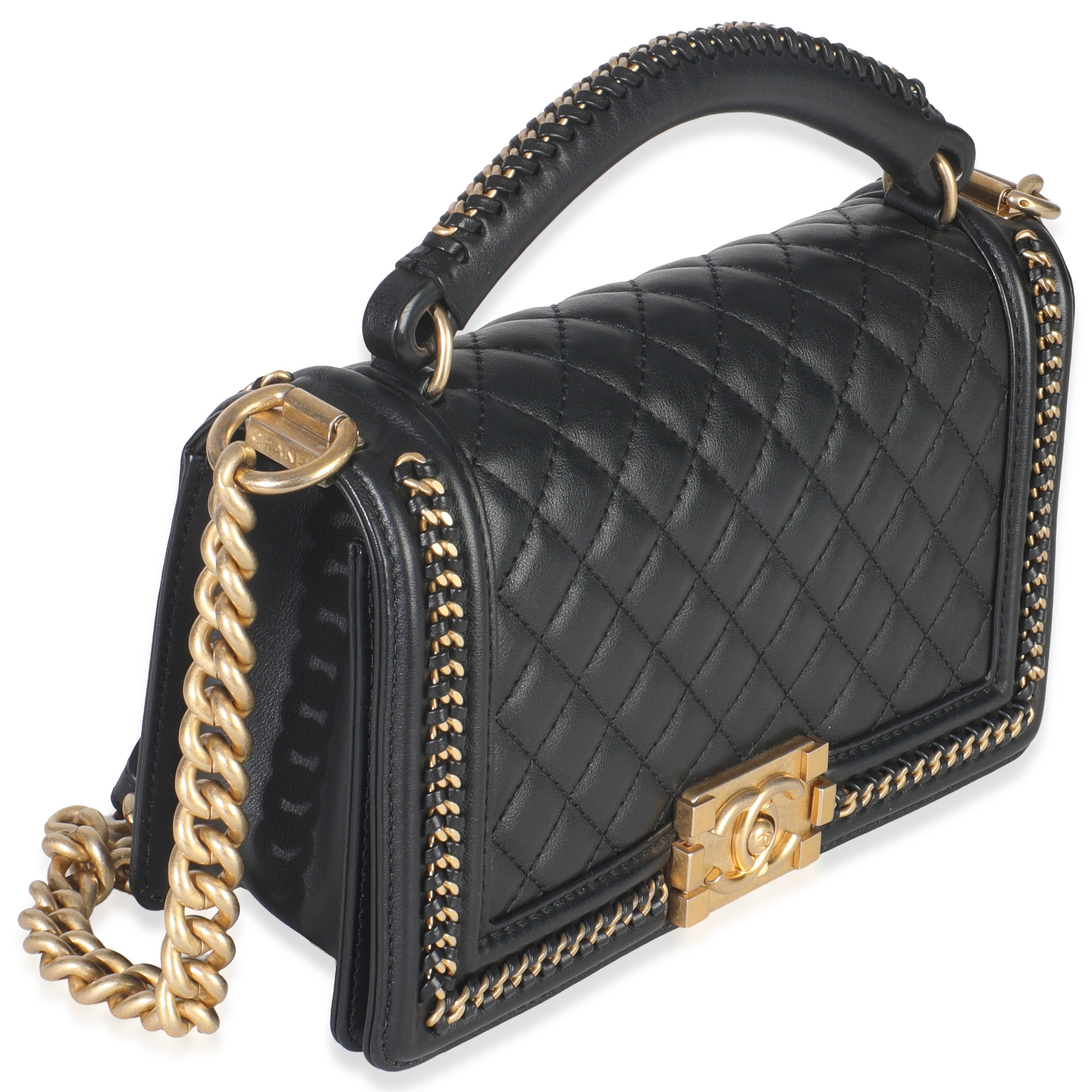 Black Quilted Calfskin Interwoven Chain Top Handle Boy Bag