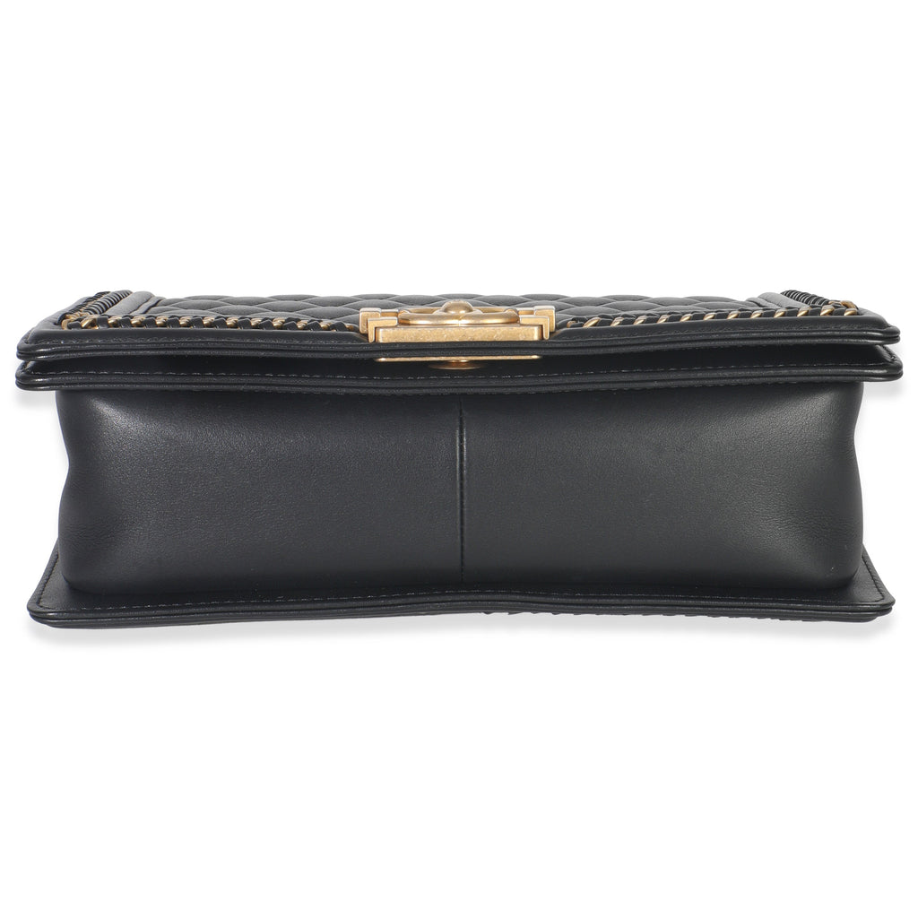 Black Quilted Calfskin Interwoven Chain Top Handle Boy Bag