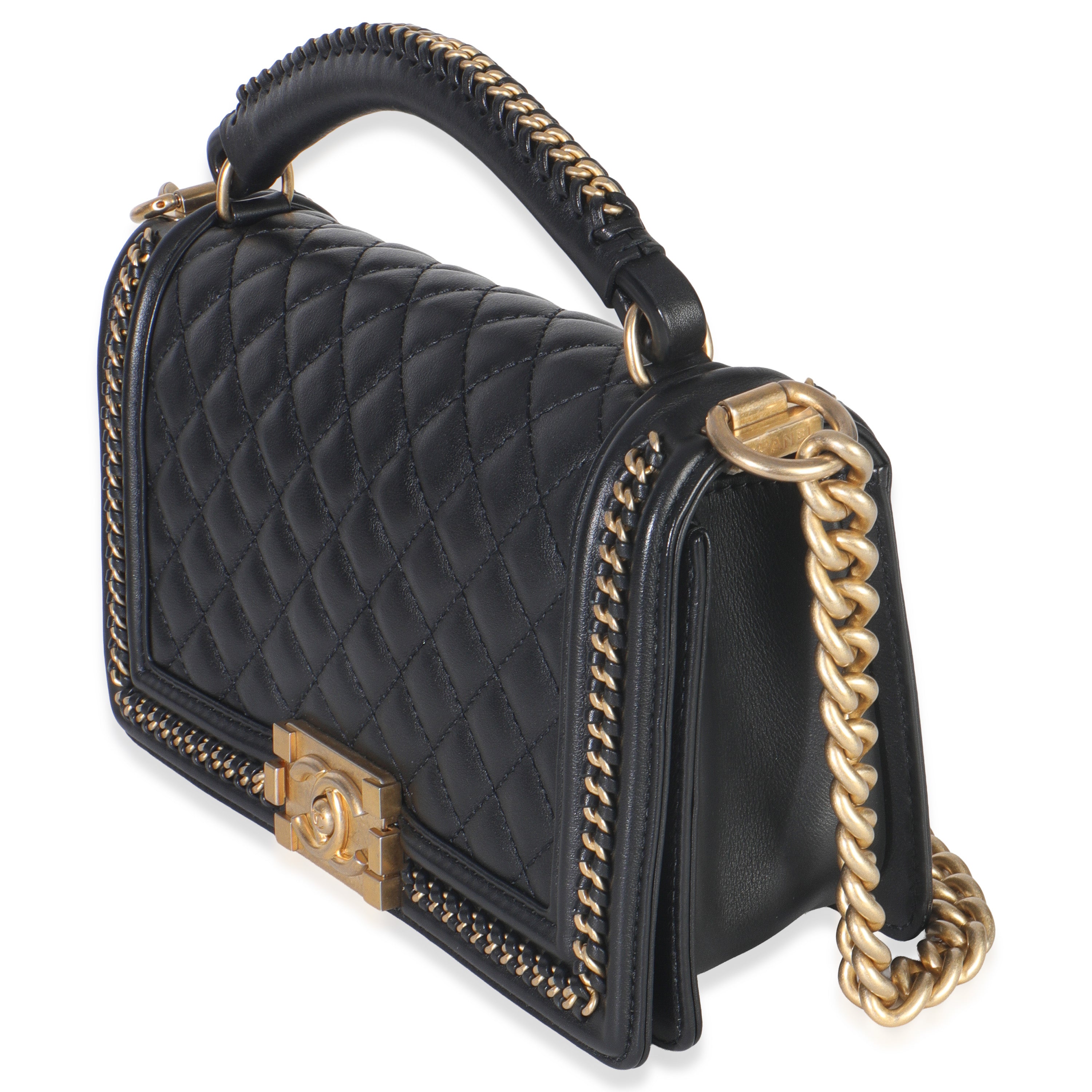 Black Quilted Calfskin Interwoven Chain Top Handle Boy Bag