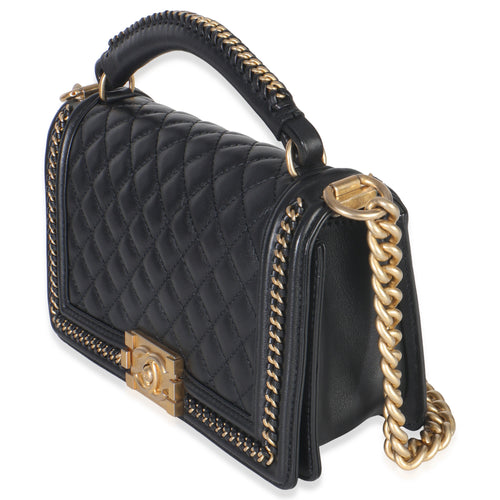 Black Quilted Calfskin Interwoven Chain Top Handle Boy Bag
